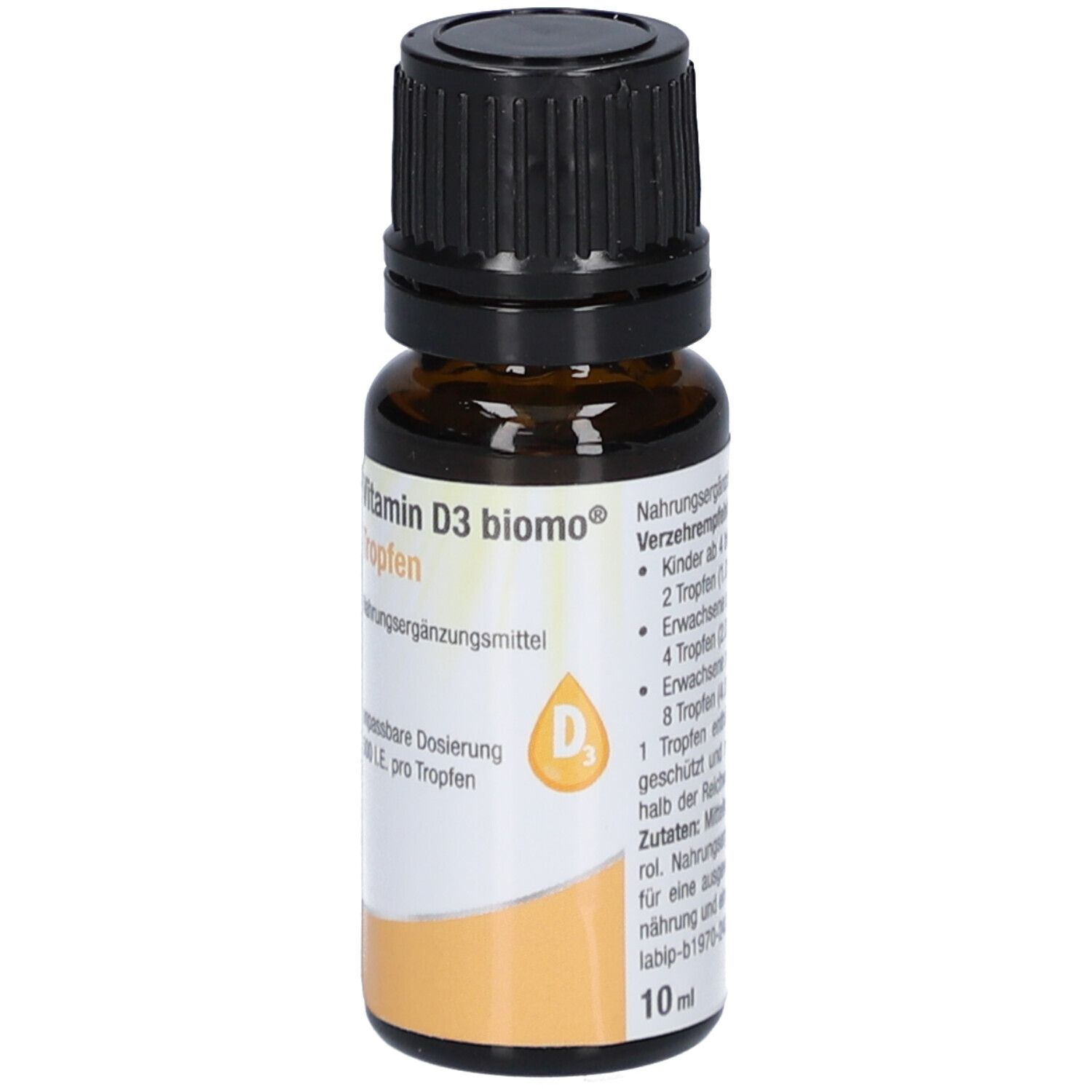 Braune Glasflasche mit schwarzem Deckel. Aufschrift: Vitamin D3 biomo Tropfen. Nahrungsergänzungsmittel. 500 I.E. pro Tropfen.