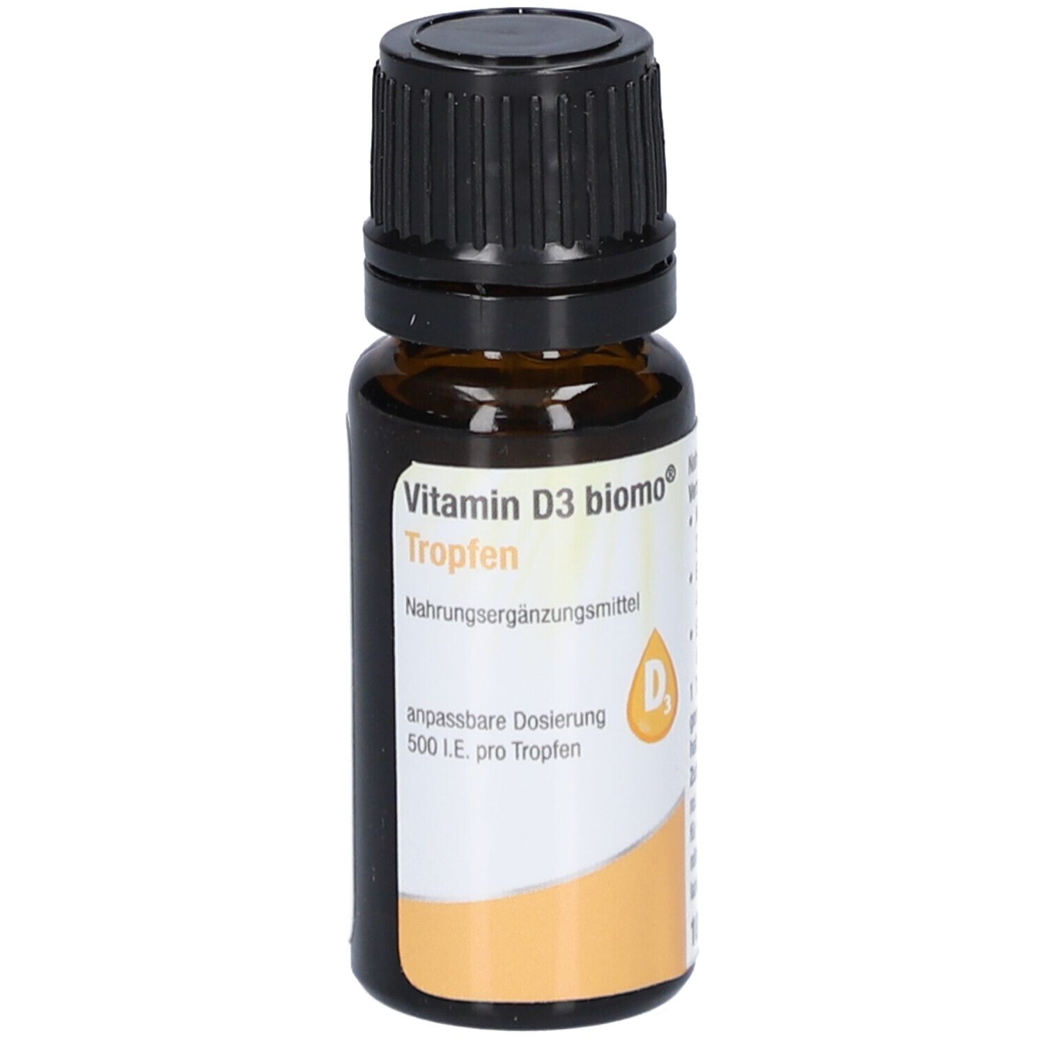 Braune Glasflasche mit schwarzem Deckel. Aufschrift: Vitamin D3 biomo Tropfen. Nahrungsergänzungsmittel. 500 I.E. pro Tropfen.