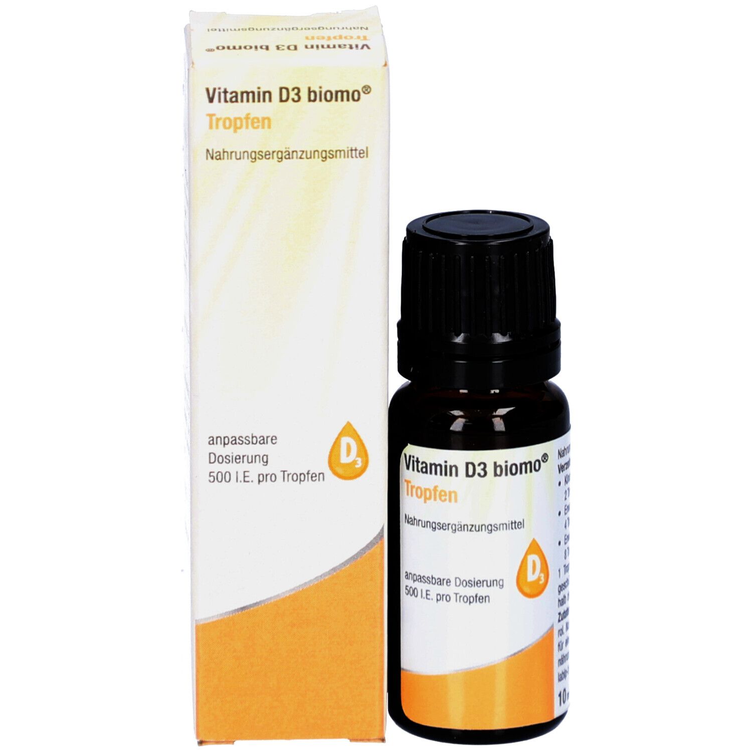 Produktflasche und Verpackung. Aufschrift: Vitamin D3 biomo Tropfen. Nahrungsergänzungsmittel. 500 I.E. pro Tropfen.