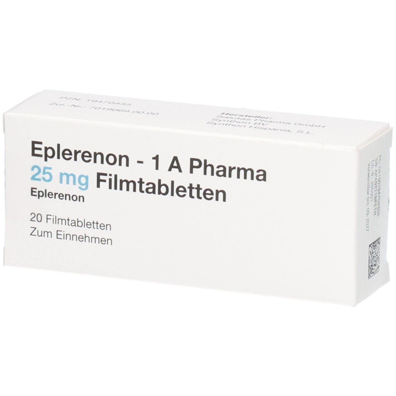 Verpackung von Eplerenon - 1 A Pharma 25 mg Filmtabletten, 20 Stück.