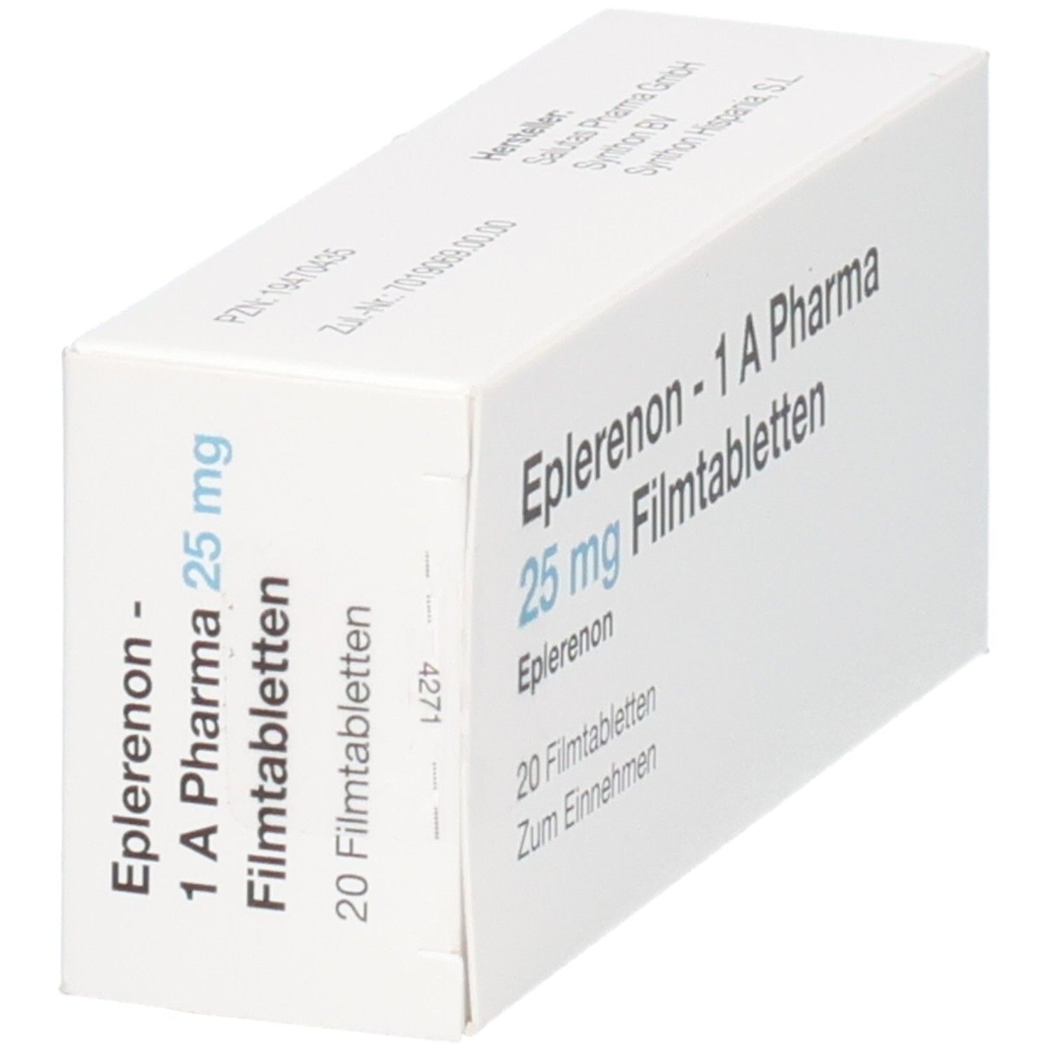 Seitenansicht der Verpackung von Eplerenon - 1 A Pharma 25 mg Filmtabletten.