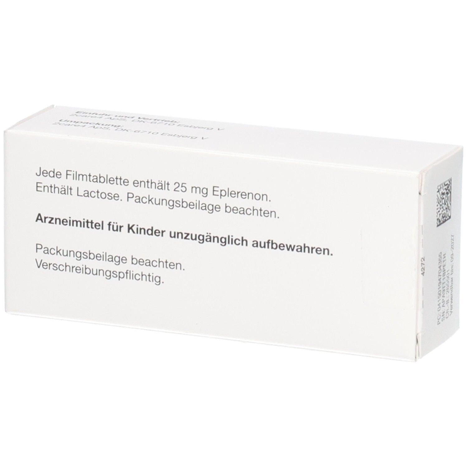 Rückseite der Verpackung mit Hinweisen zu Eplerenon - 1 A Pharma 25 mg Filmtabletten.