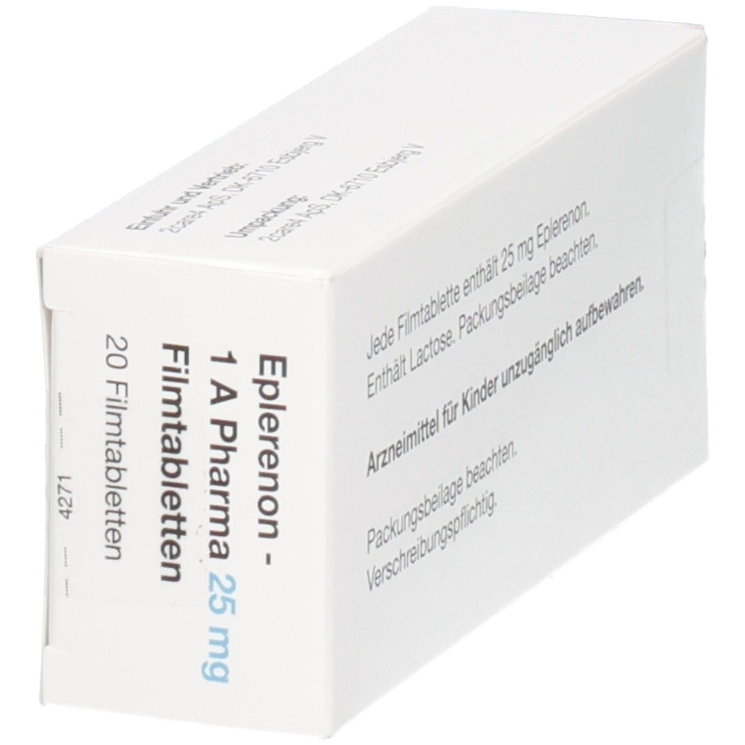 Seitenansicht der Verpackung von Eplerenon - 1 A Pharma 25 mg Filmtabletten.