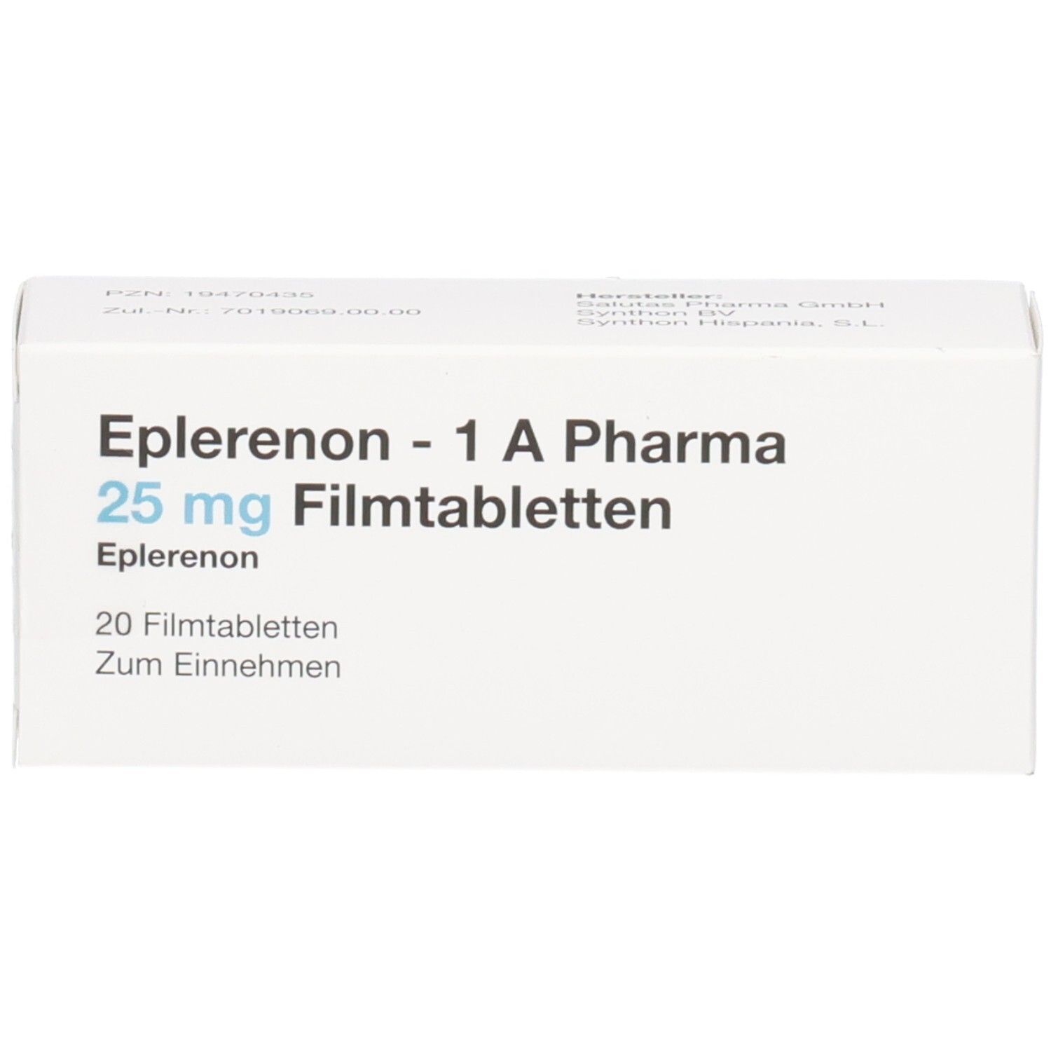 Vorderseite der Verpackung von Eplerenon - 1 A Pharma 25 mg Filmtabletten.