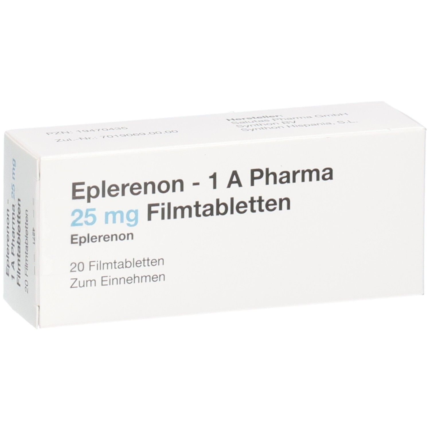 Verpackung von Eplerenon - 1 A Pharma 25 mg Filmtabletten, 20 Stück.