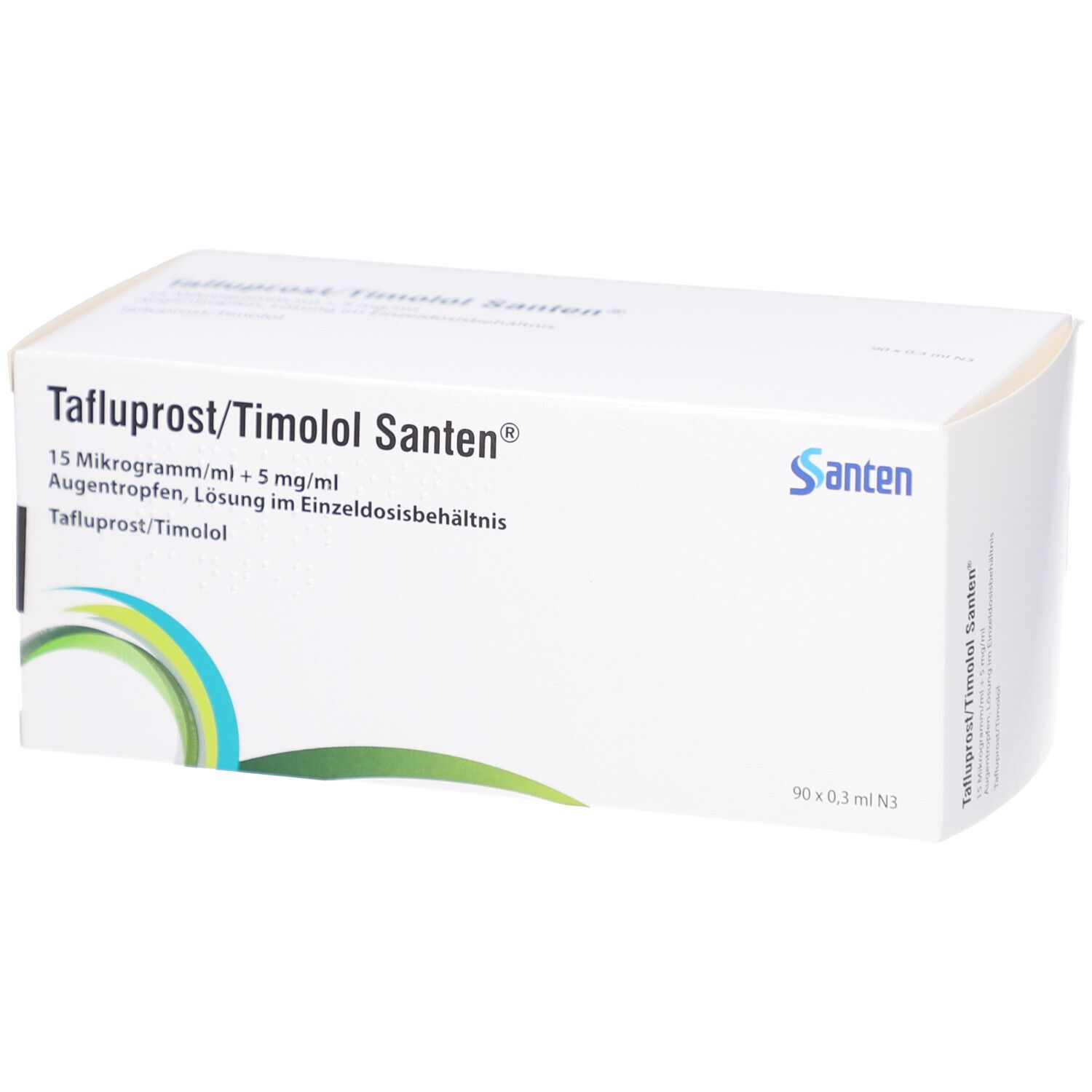 Weiße Faltschachtel mit Aufschrift 'Tafluprost/Timolol Santen'. Enthält Augentropfen. Logo 'Santen'. Packung mit 90 x 0,3 ml.