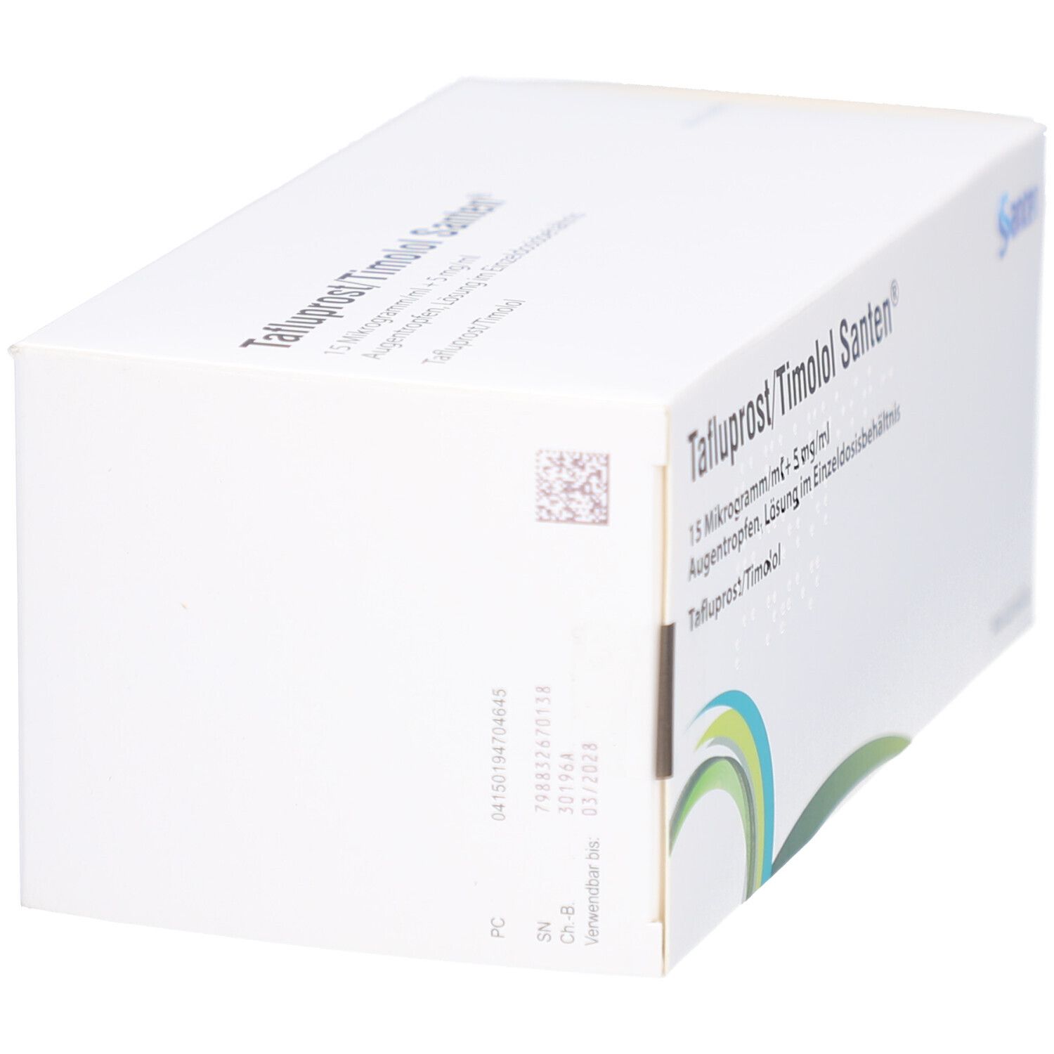 Weiße Faltschachtel mit 'Tafluprost/Timolol Santen' Aufdruck. Seitenansicht. Logo 'Santen' sichtbar. Enthält Augentropfen.