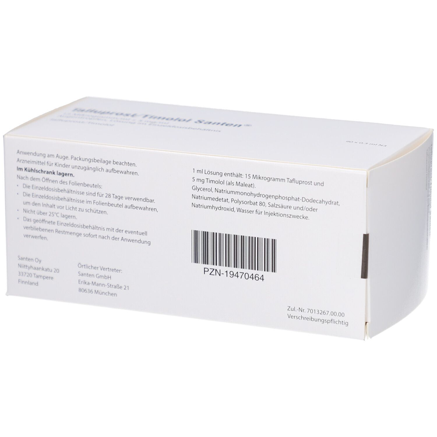 Rückseite der weißen Faltschachtel. Enthält Informationen zu 'Tafluprost/Timolol Santen'. Barcode und Herstellerangaben.