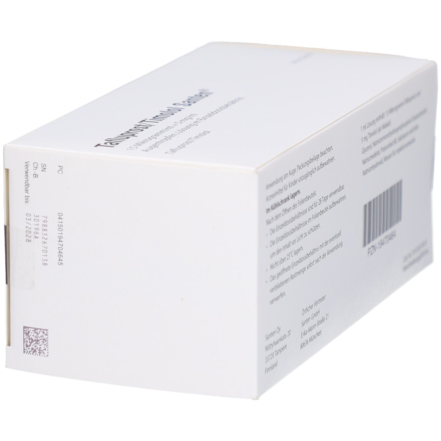Schräge Ansicht der weißen Faltschachtel. 'Tafluprost/Timolol Santen' und Herstellerinformationen sind sichtbar. Barcode.