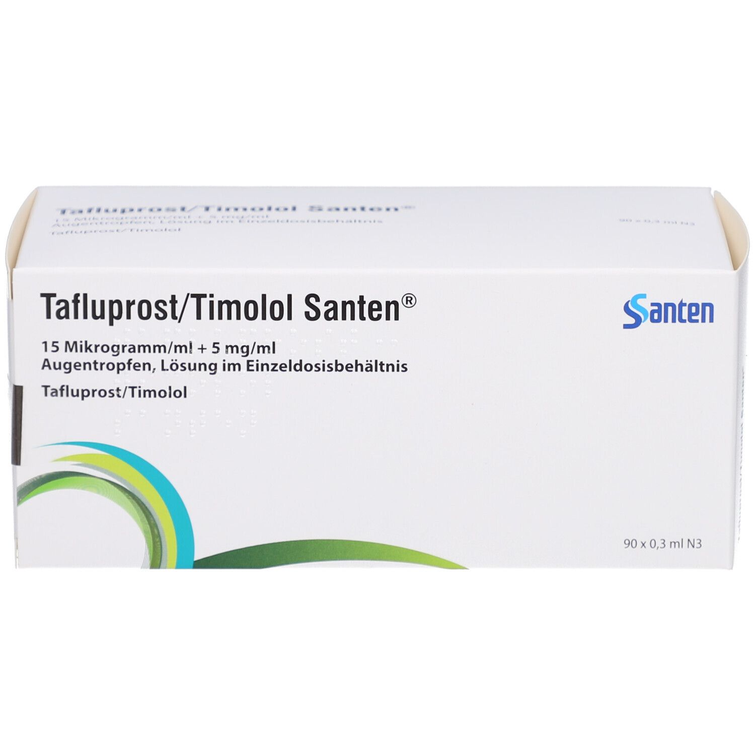 Weiße Faltschachtel mit 'Tafluprost/Timolol Santen' Aufdruck. Enthält Augentropfen. Logo 'Santen'. Packung mit 90 x 0,3 ml.