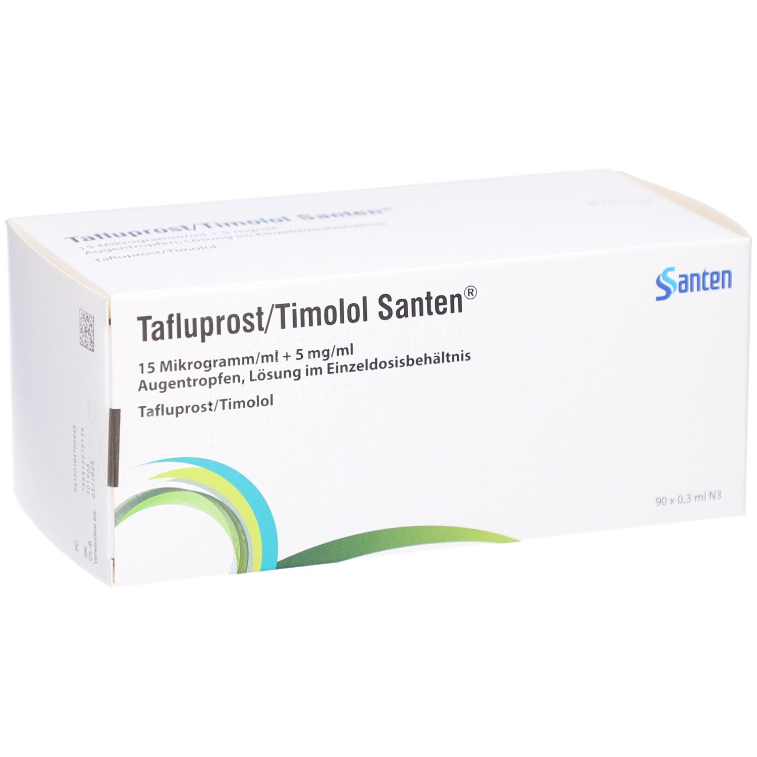 Weiße Faltschachtel mit 'Tafluprost/Timolol Santen' Aufdruck. Enthält Augentropfen. Logo 'Santen'. Packung mit 90 x 0,3 ml.