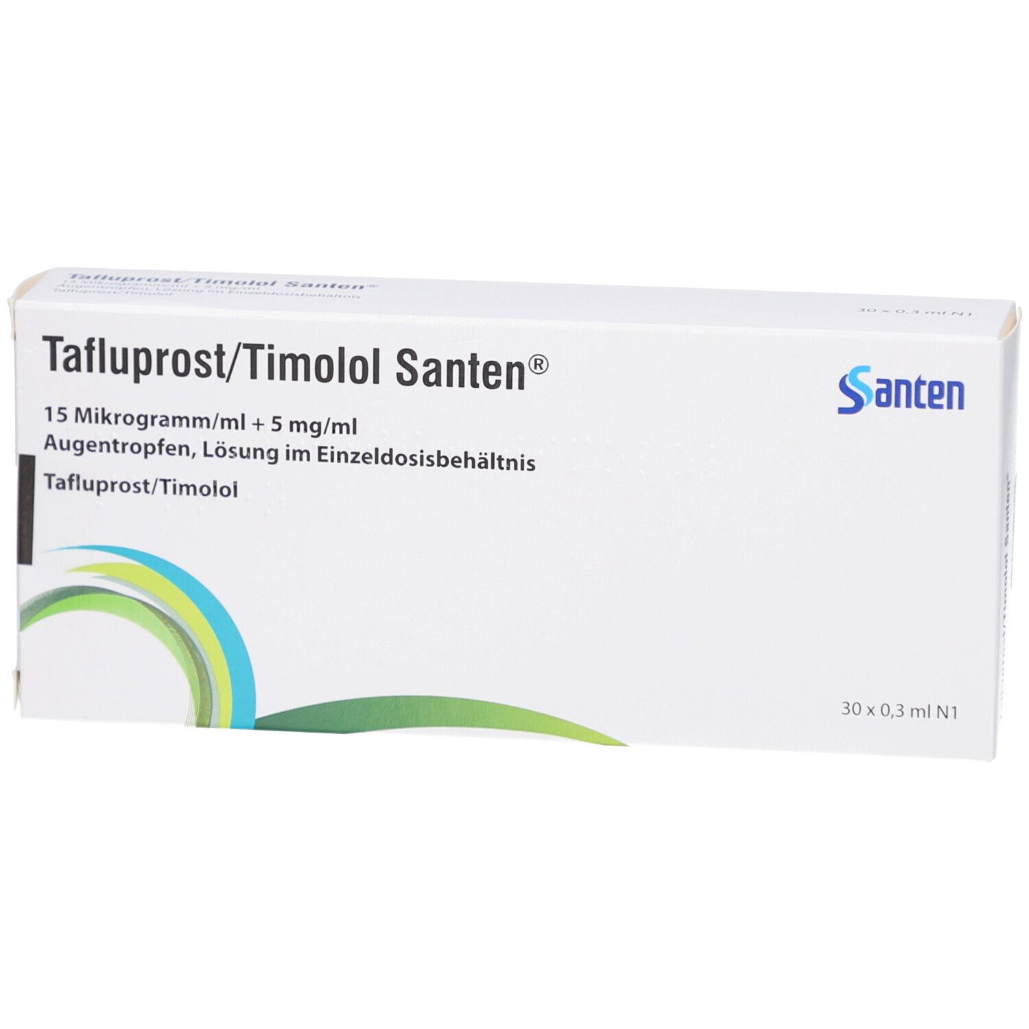 Weiße Faltschachtel mit Aufschrift Tafuprost/Timolol Santen. Enthält Augentropfen. Logo Santen. 30 x 0,3 ml.
