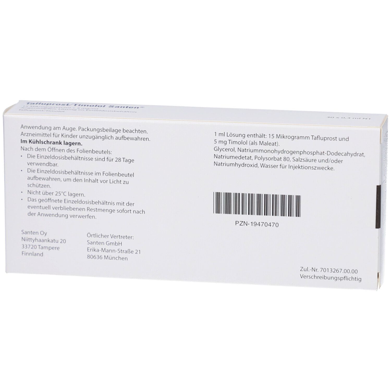 Rückseite der weißen Faltschachtel. Textinformationen zu Inhaltsstoffen und Anwendung. Barcode und PZN.