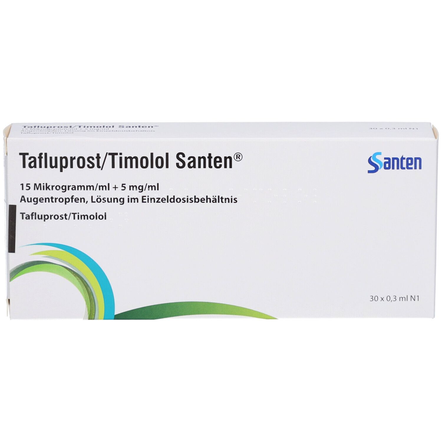 Weiße Faltschachtel mit Aufschrift Tafuprost/Timolol Santen. Enthält Augentropfen. Logo Santen. 30 x 0,3 ml.