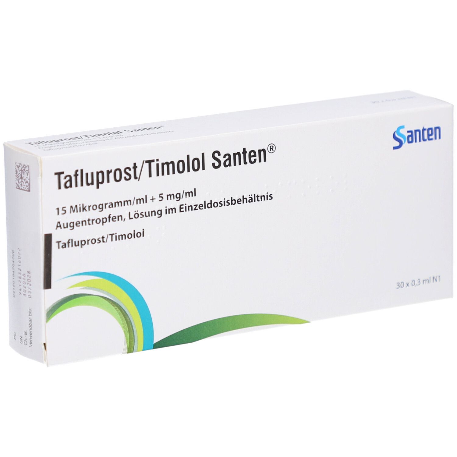 Weiße Faltschachtel mit Aufschrift Tafuprost/Timolol Santen. Enthält Augentropfen. Logo Santen. 30 x 0,3 ml.