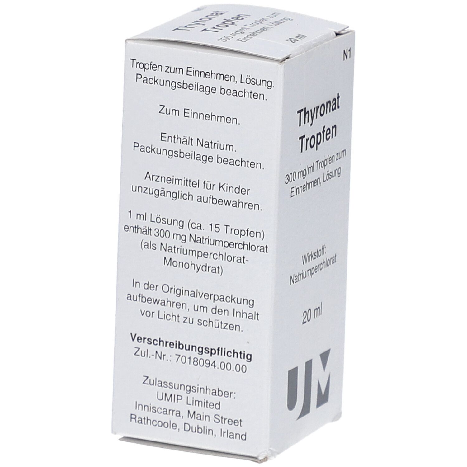 Weiße Faltschachtel mit Produktinformationen. Text: Thyronat Tropfen, 300 mg/ml, 20 ml. Enthält Natrium. Beipackzettel beachten.