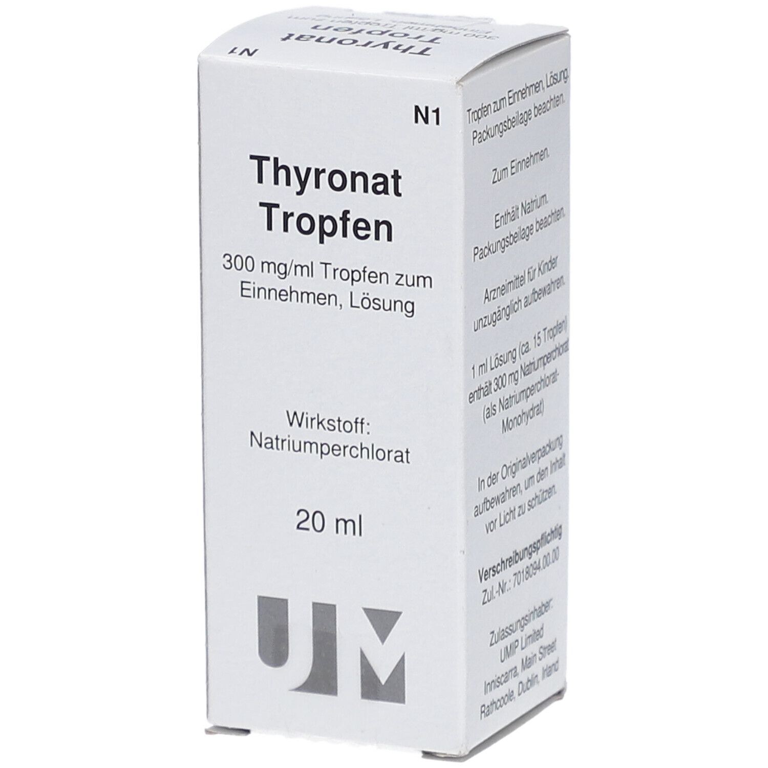 Weiße Faltschachtel mit Produktinformationen. Beschriftung: Thyronat Tropfen, 300 mg/ml, 20 ml. Wirkstoff: Natriumperchlorat.