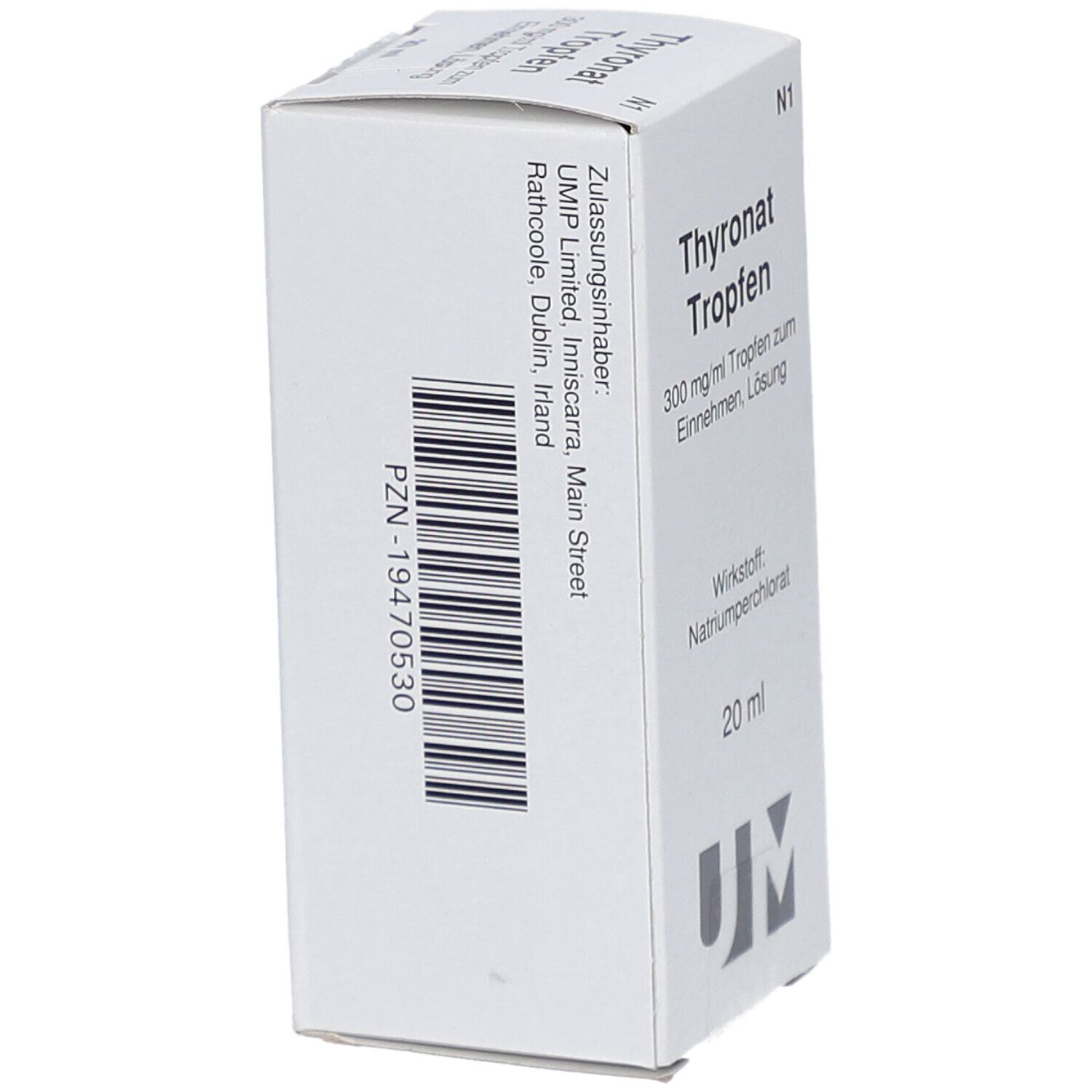 Weiße Faltschachtel mit Barcode und Produktinformationen. Beschriftung: Thyronat Tropfen, 300 mg/ml, 20 ml. PZN-19470530.