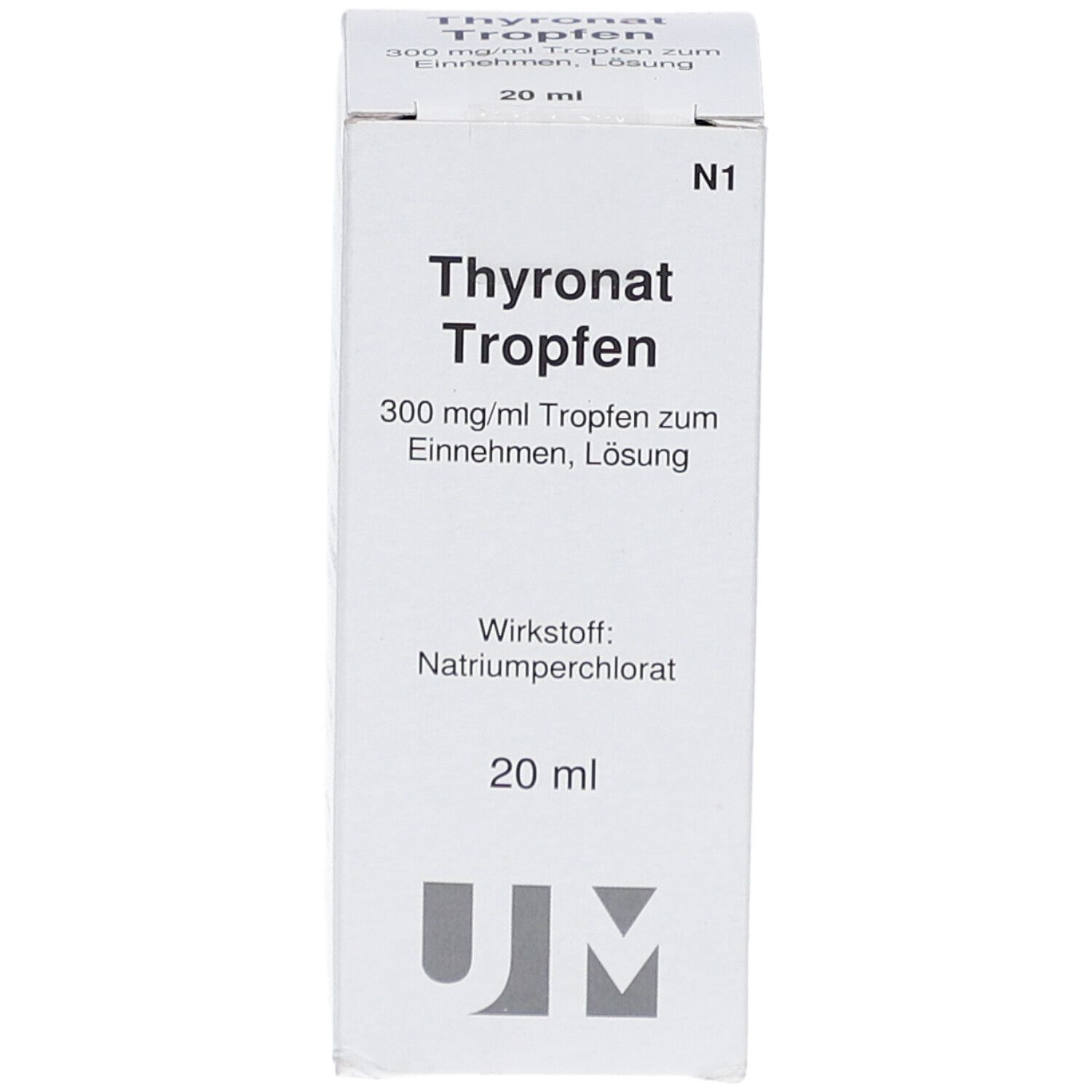 Weiße Faltschachtel mit Produktinformationen. Beschriftung: Thyronat Tropfen, 300 mg/ml, 20 ml. Wirkstoff: Natriumperchlorat.