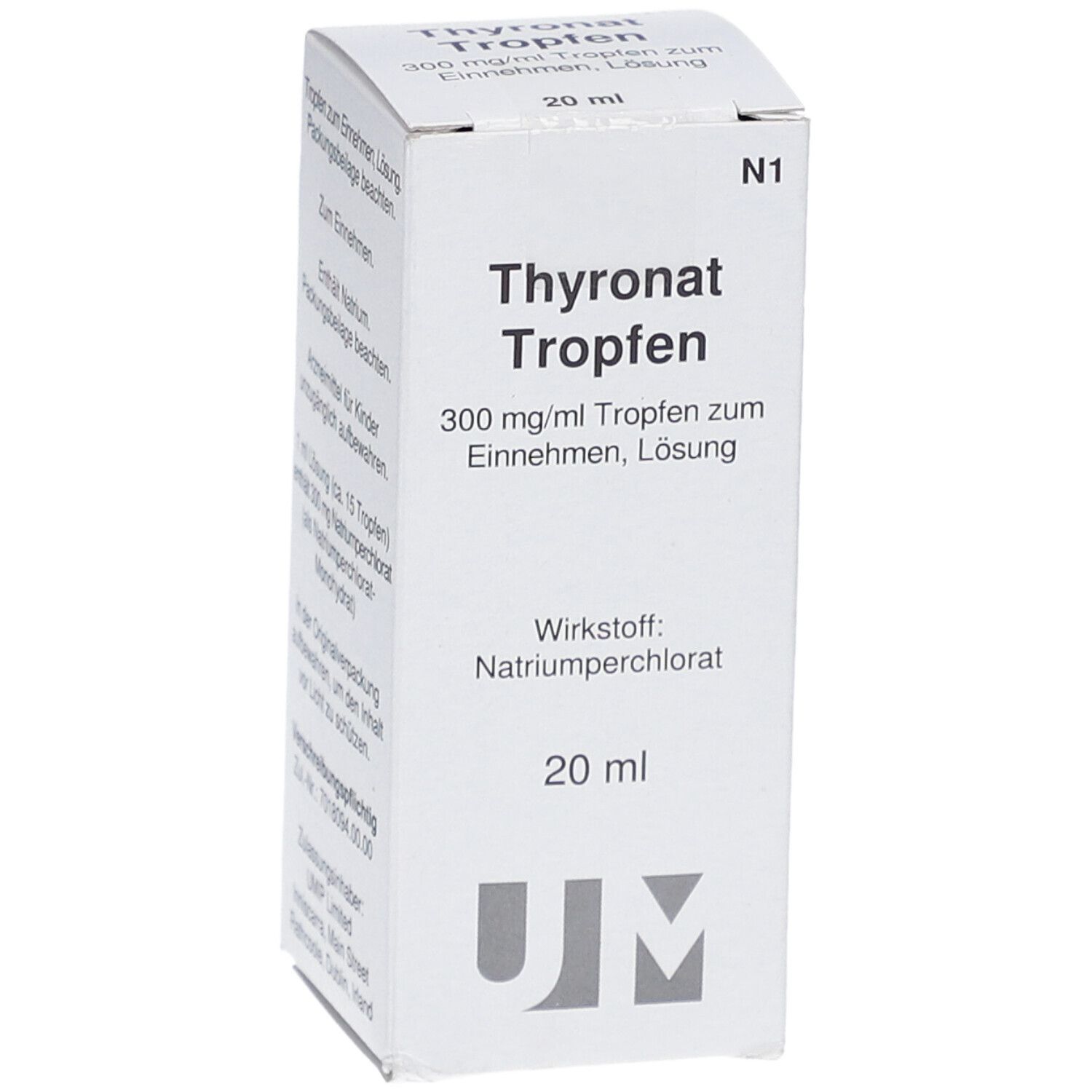 Weiße Faltschachtel mit Produktinformationen. Beschriftung: Thyronat Tropfen, 300 mg/ml, 20 ml. Wirkstoff: Natriumperchlorat.