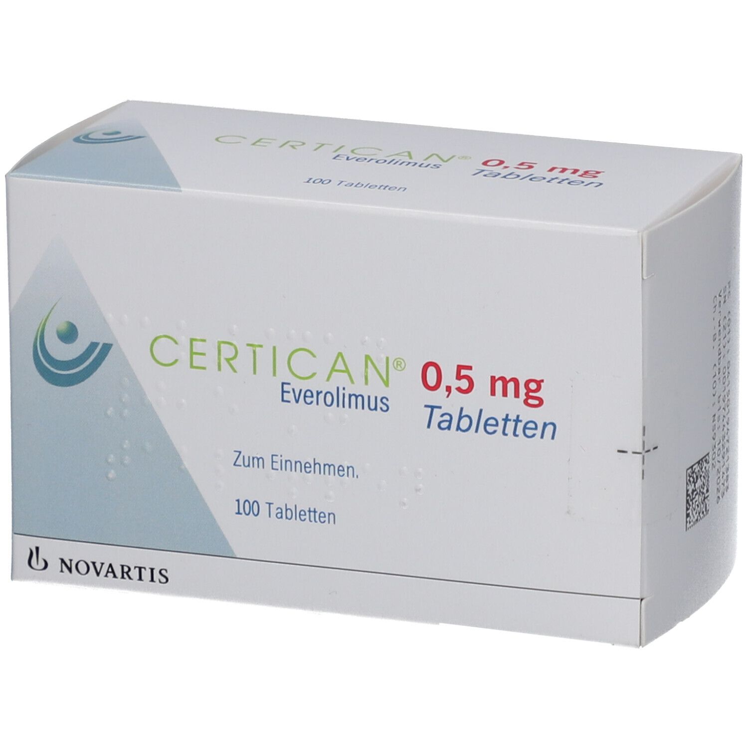 Weiße Kartonverpackung mit Aufschrift CERTICAN 0,5 mg Tabletten. Enthält 100 Tabletten. Novartis Logo.