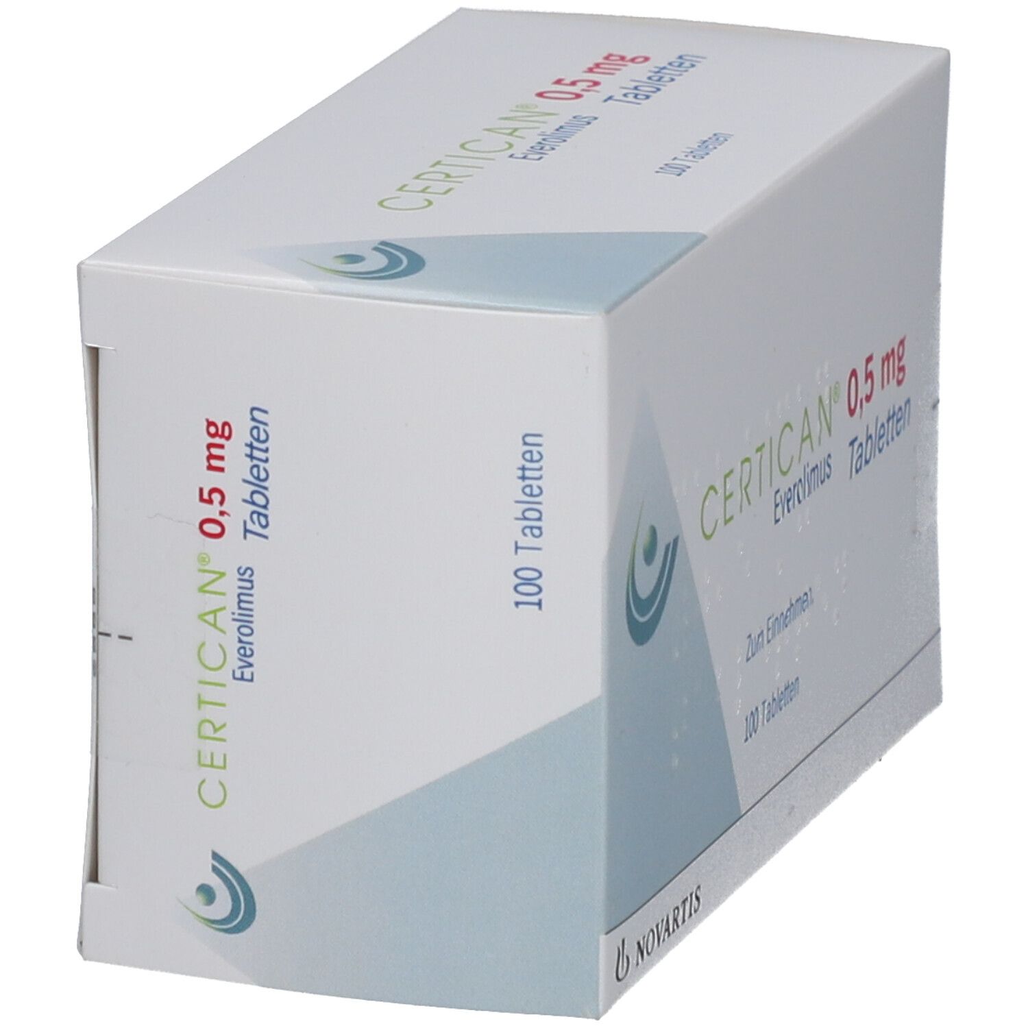 Kartonverpackung CERTICAN 0,5 mg Tabletten. Enthält 100 Tabletten. Novartis Logo. Ansicht schräg von vorne.