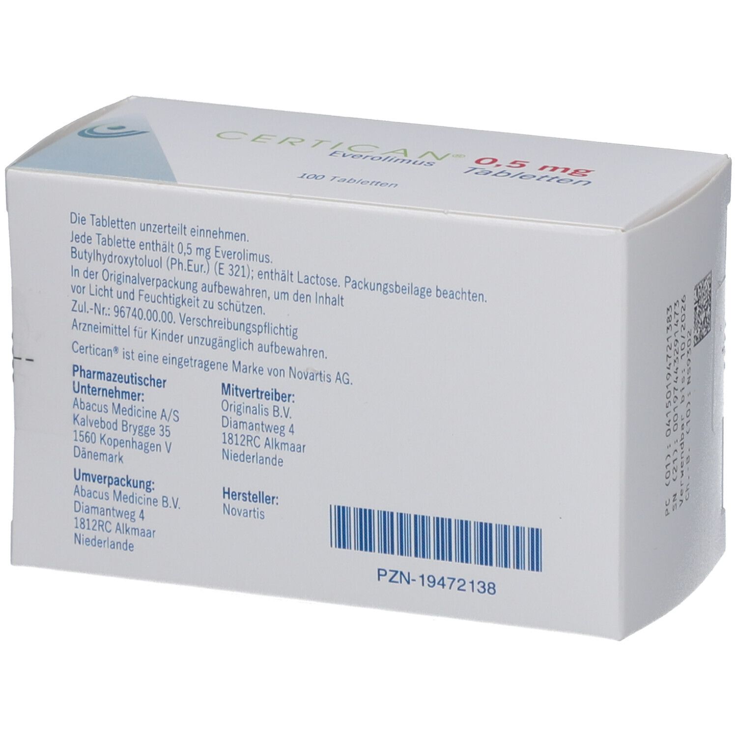 Rückseite der Kartonverpackung CERTICAN 0,5 mg Tabletten. Textinformationen, Barcode und PZN-Nummer.