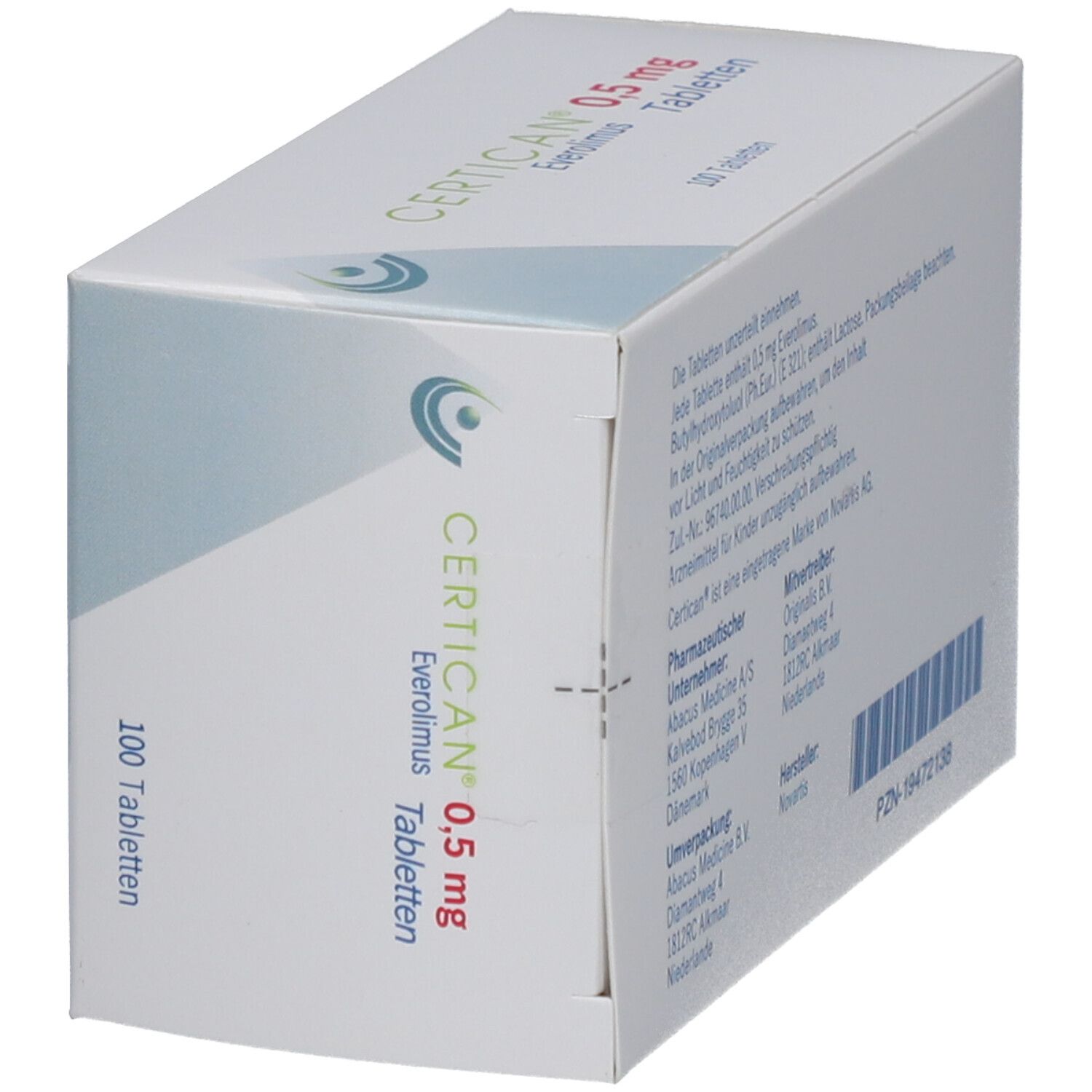 Kartonverpackung CERTICAN 0,5 mg Tabletten. Enthält 100 Tabletten. Novartis Logo. Schräge Ansicht.