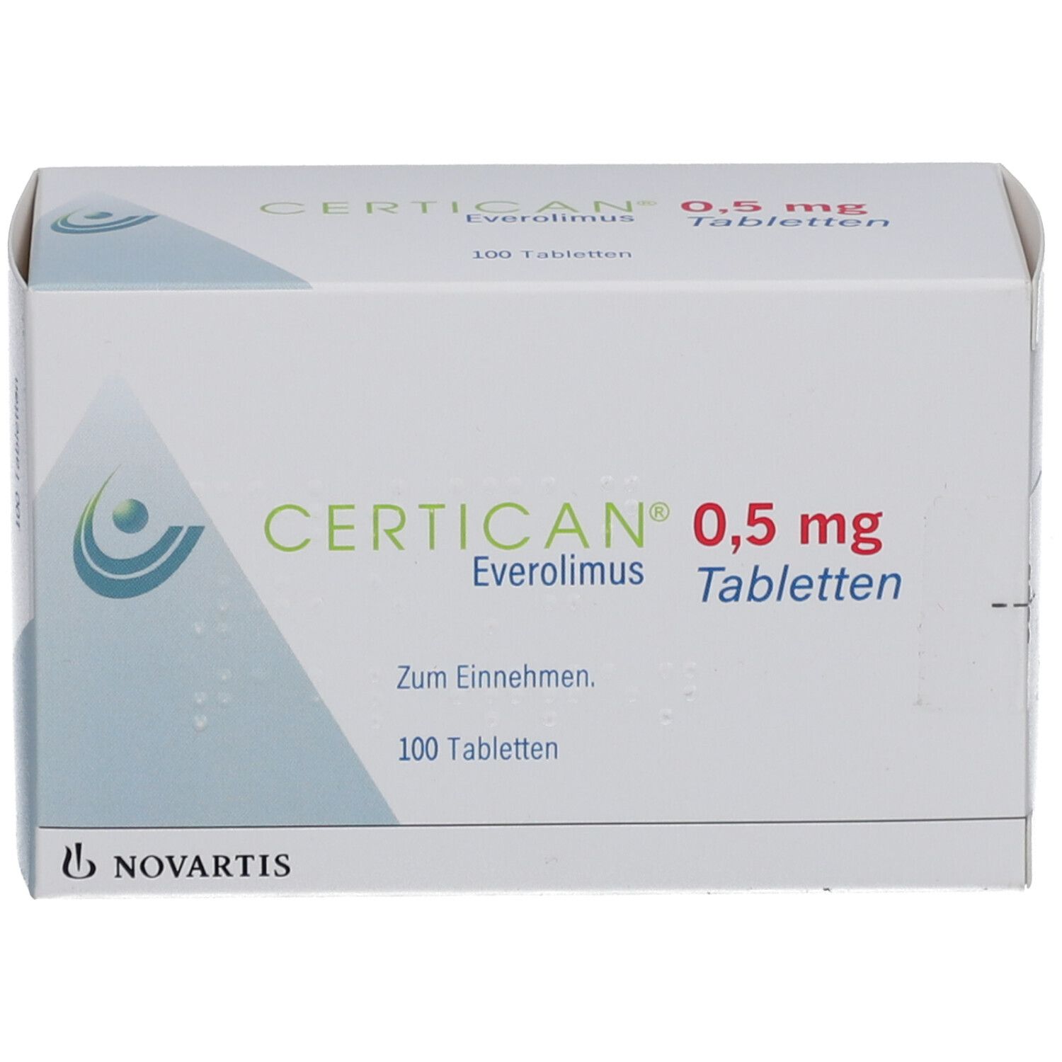 Weiße Kartonverpackung mit Aufschrift CERTICAN 0,5 mg Tabletten. Enthält 100 Tabletten. Novartis Logo.