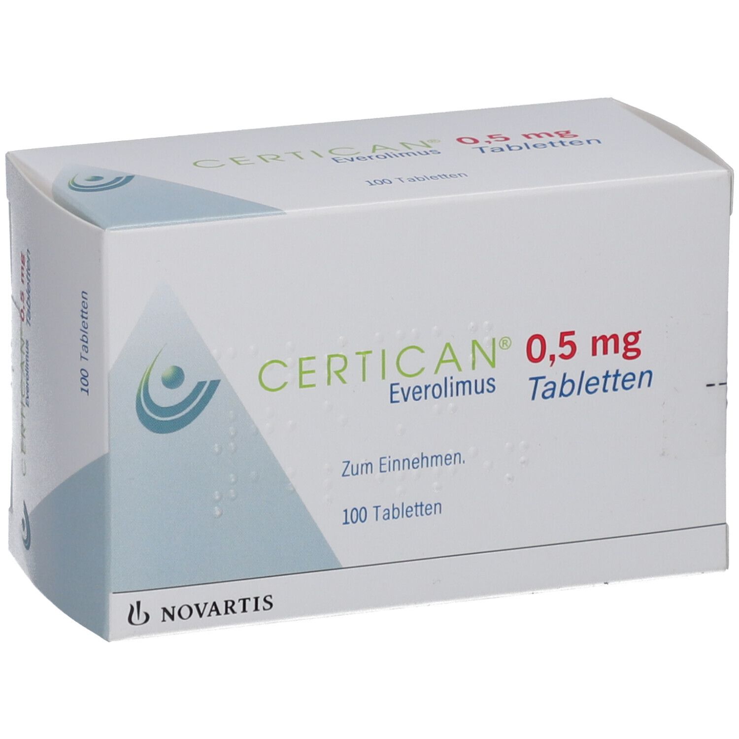 Weiße Kartonverpackung mit Aufschrift CERTICAN 0,5 mg Tabletten. Enthält 100 Tabletten. Novartis Logo.