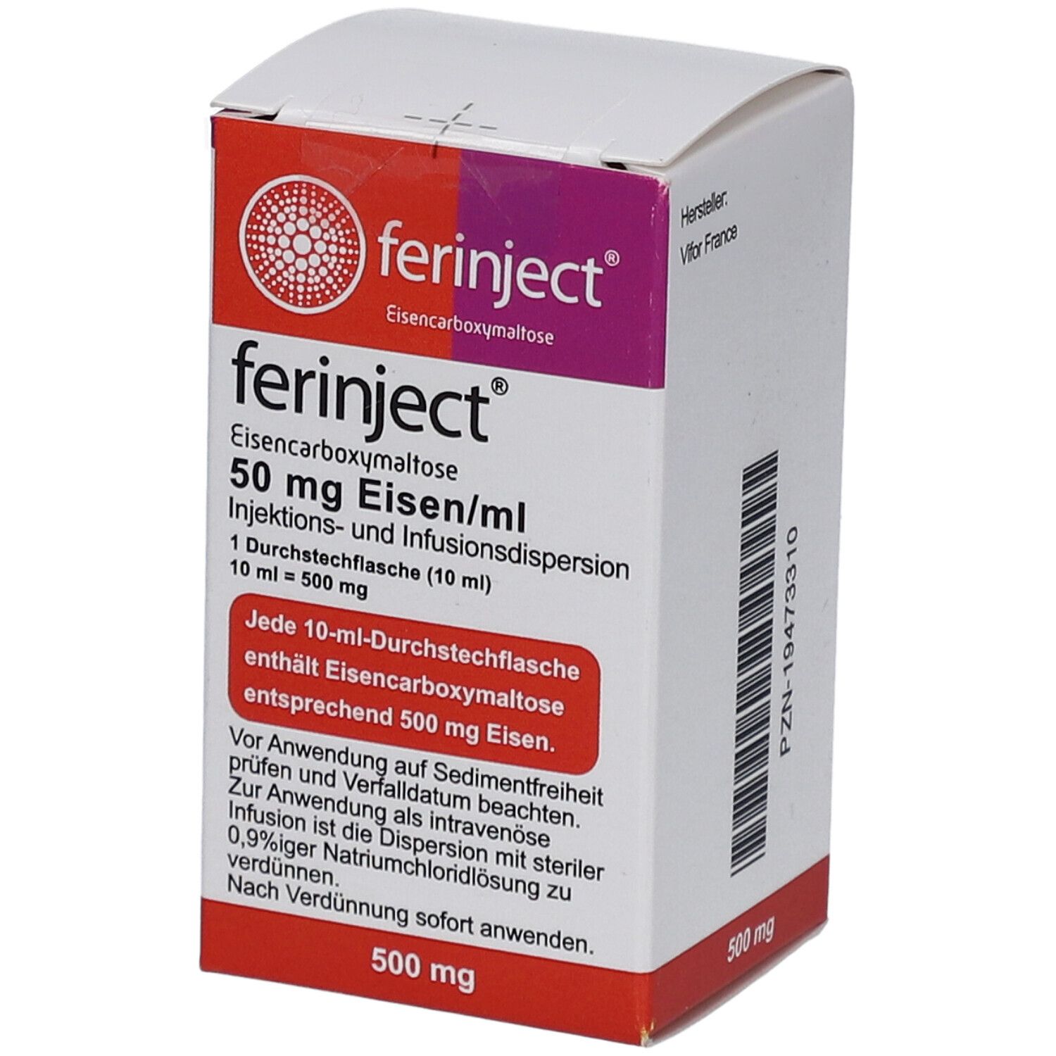 Karton von Ferinject, 50 mg Eisen/ml. Enthält 1 Durchstechflasche (10 ml). Text in Deutsch.