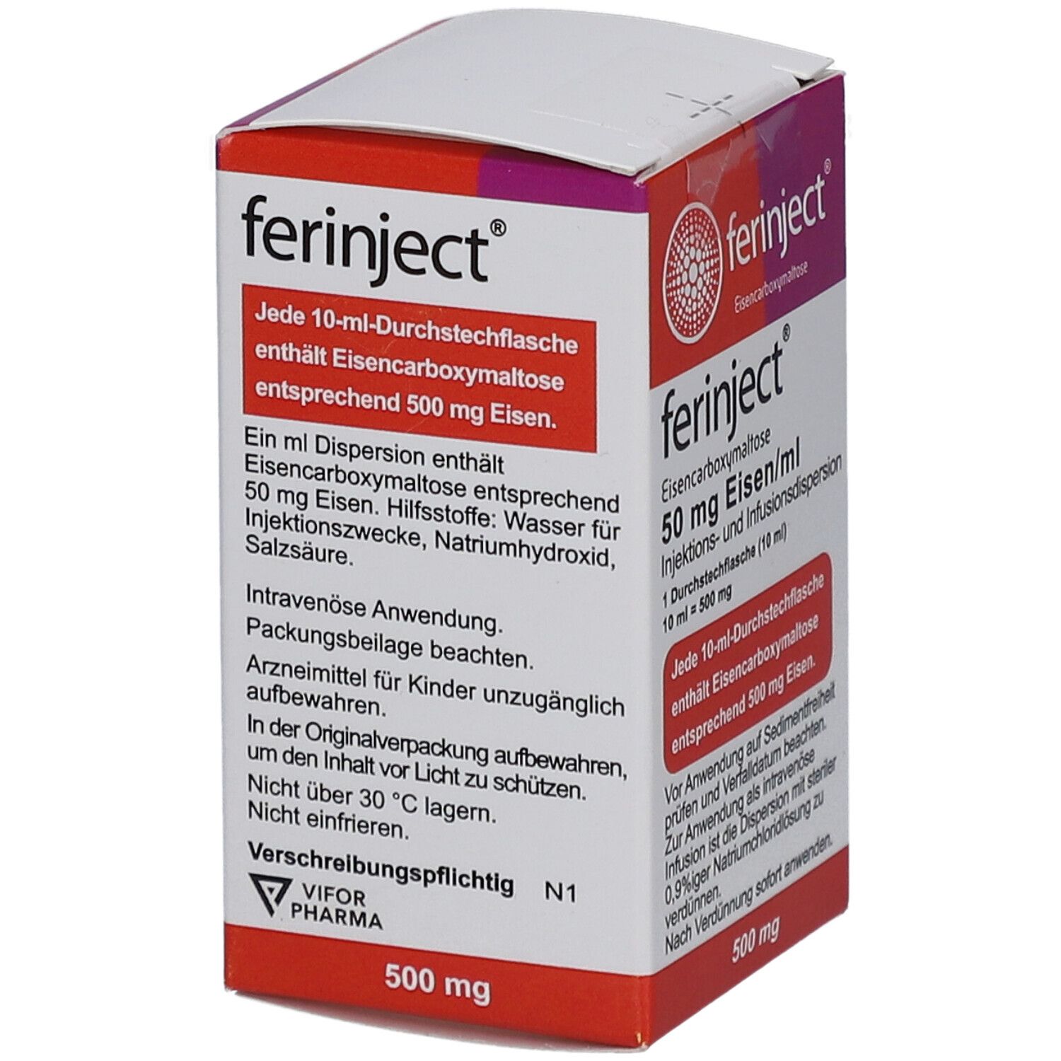 Karton von Ferinject, 50 mg Eisen/ml. Enthält Informationen zur Anwendung und Inhaltsstoffe. Text in Deutsch.