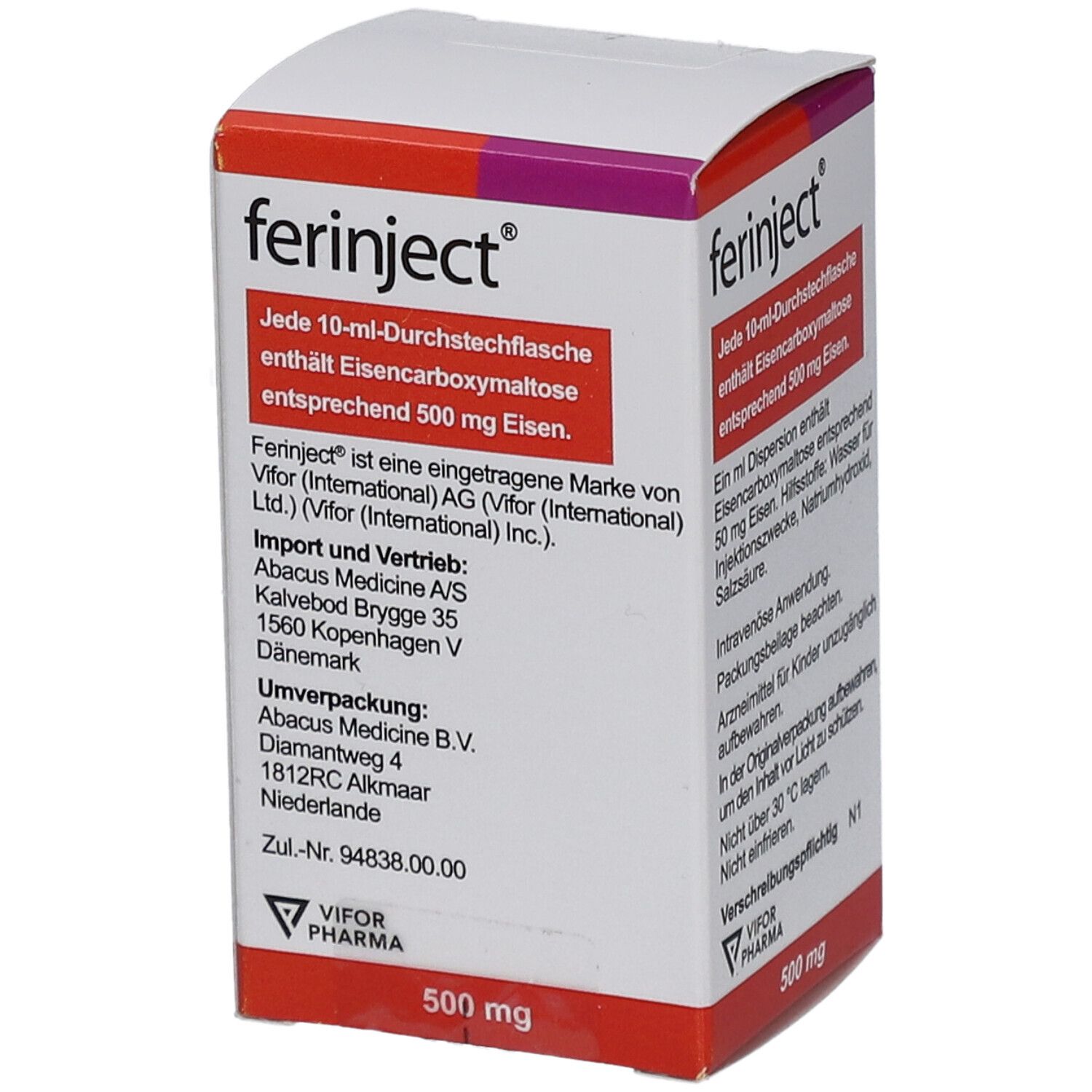 Karton von Ferinject, 50 mg Eisen/ml. Enthält Informationen zu Hersteller und Vertrieb. Text in Deutsch.