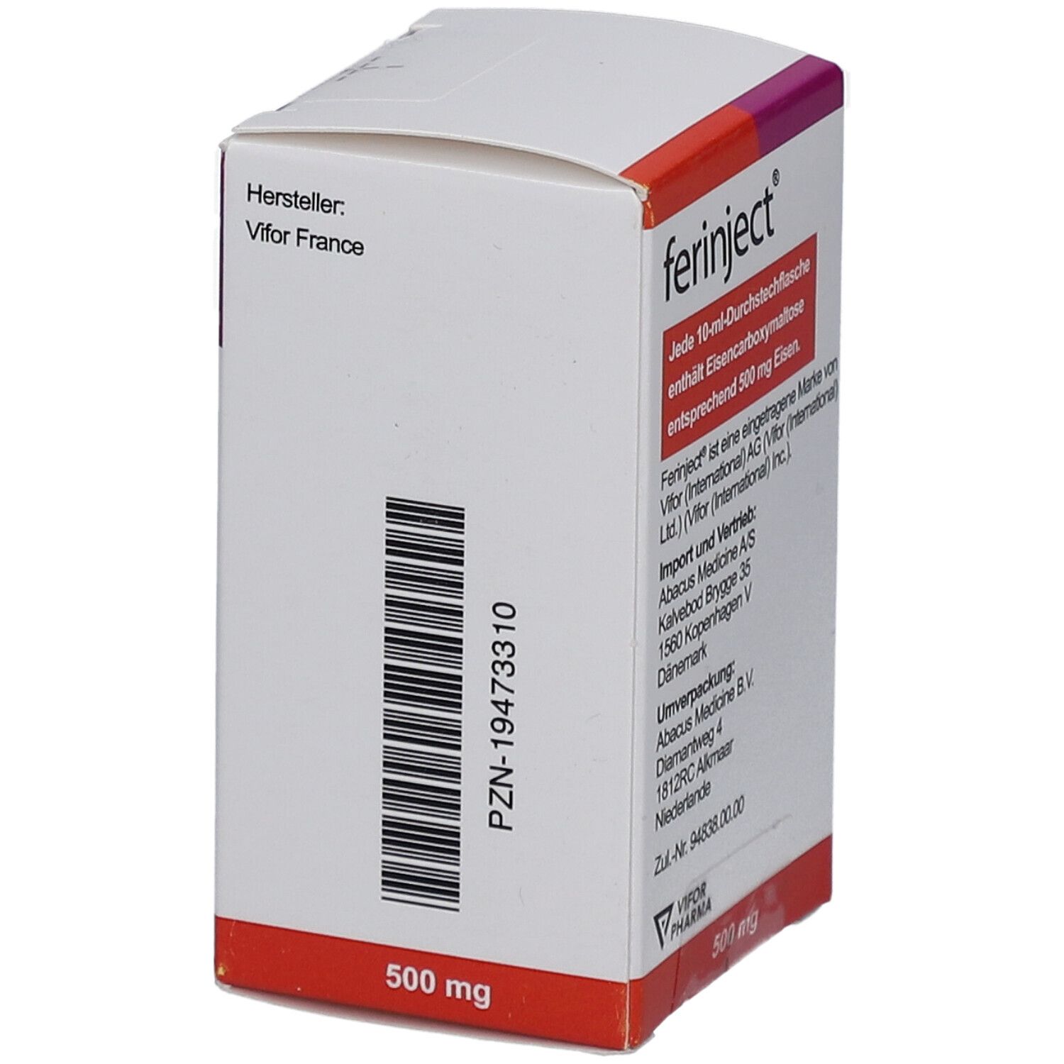 Karton von Ferinject, 50 mg Eisen/ml. Rückseite mit PZN-Nummer und Herstellerinformationen. Text in Deutsch.