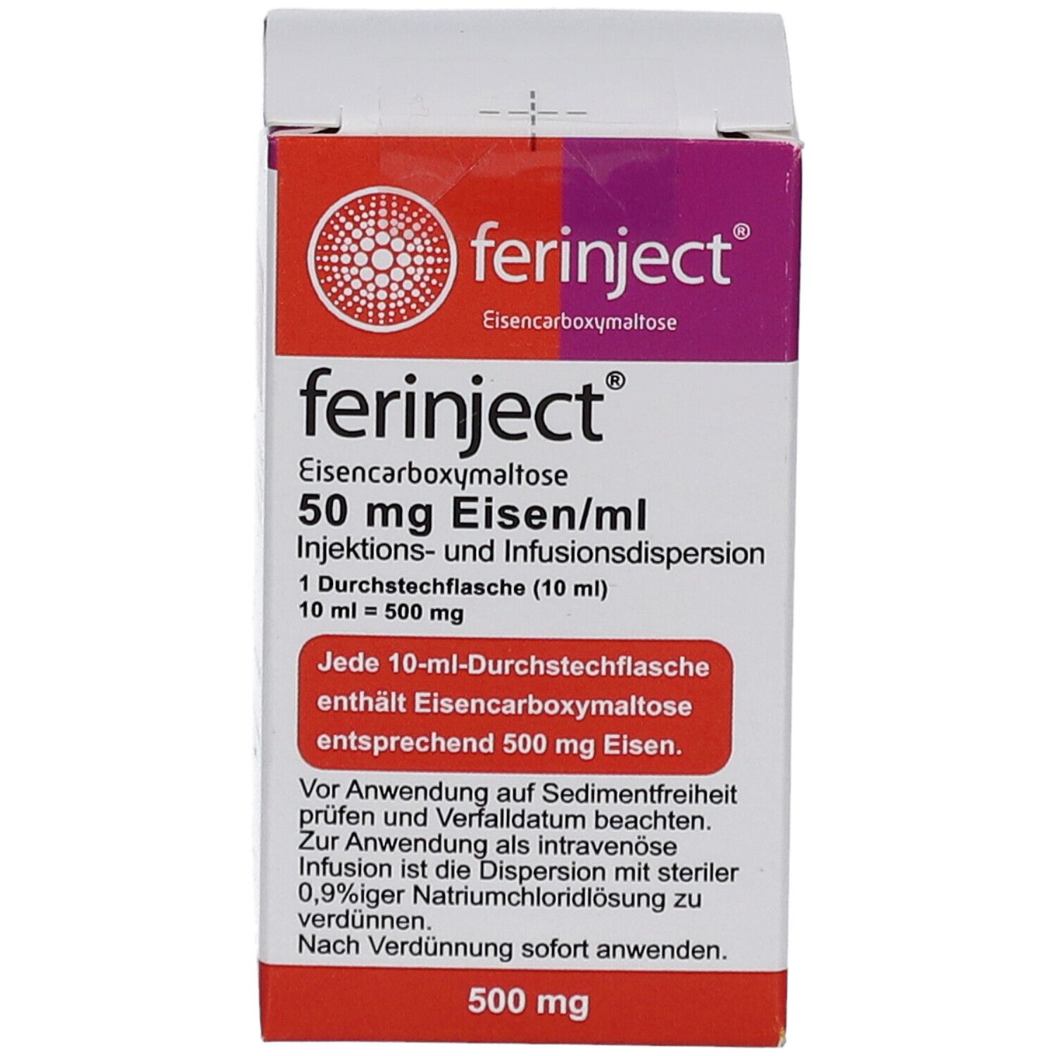 Karton von Ferinject, 50 mg Eisen/ml. Vorderseite mit Produktnamen und Dosierung. Text in Deutsch.