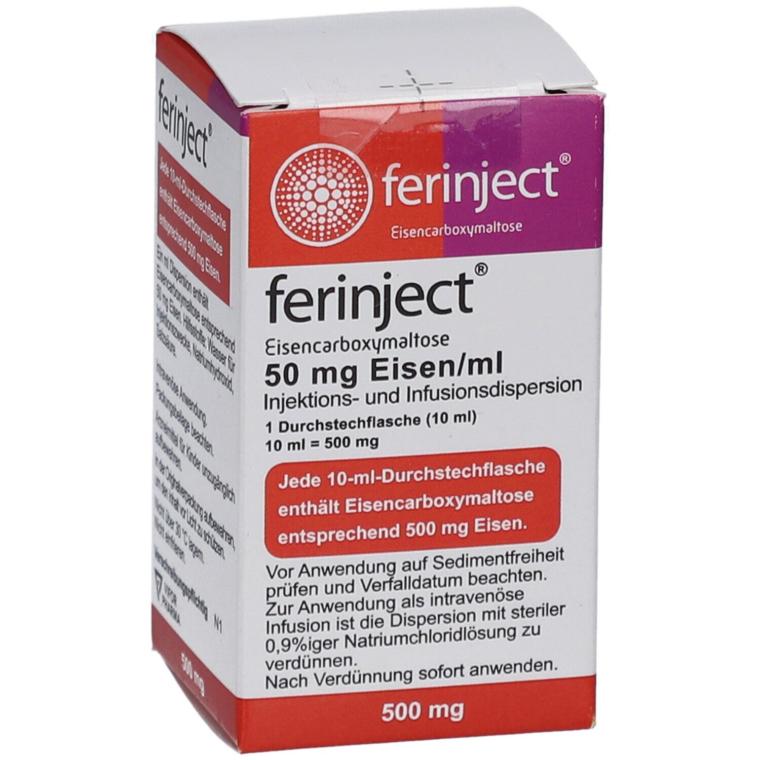 Karton von Ferinject, 50 mg Eisen/ml. Vorderseite mit Produktnamen und Dosierung. Text in Deutsch.