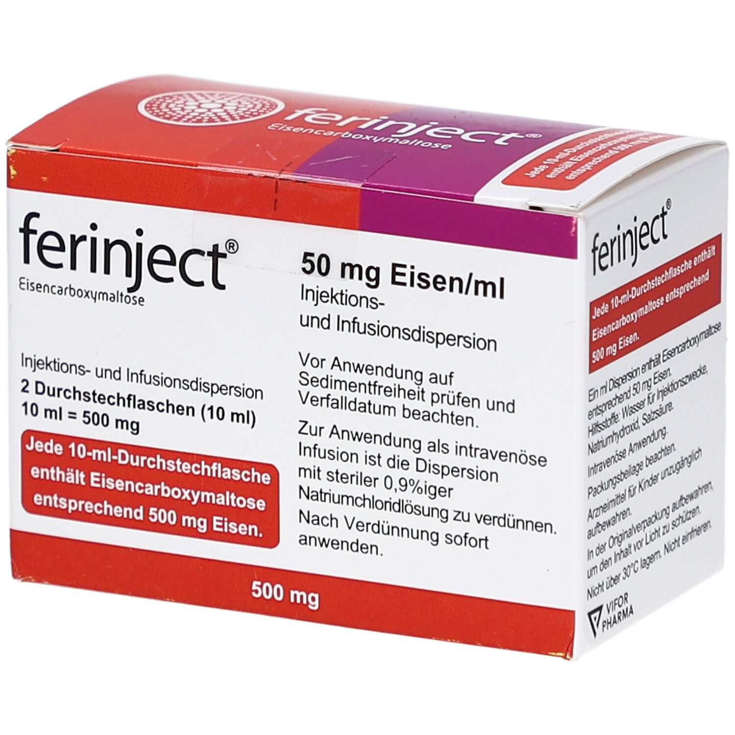 Packung FERINJECT, 50 mg Eisen/ml. Rote und weiße Schachtel mit Produktinformationen. Enthält 2 Durchstechflaschen.