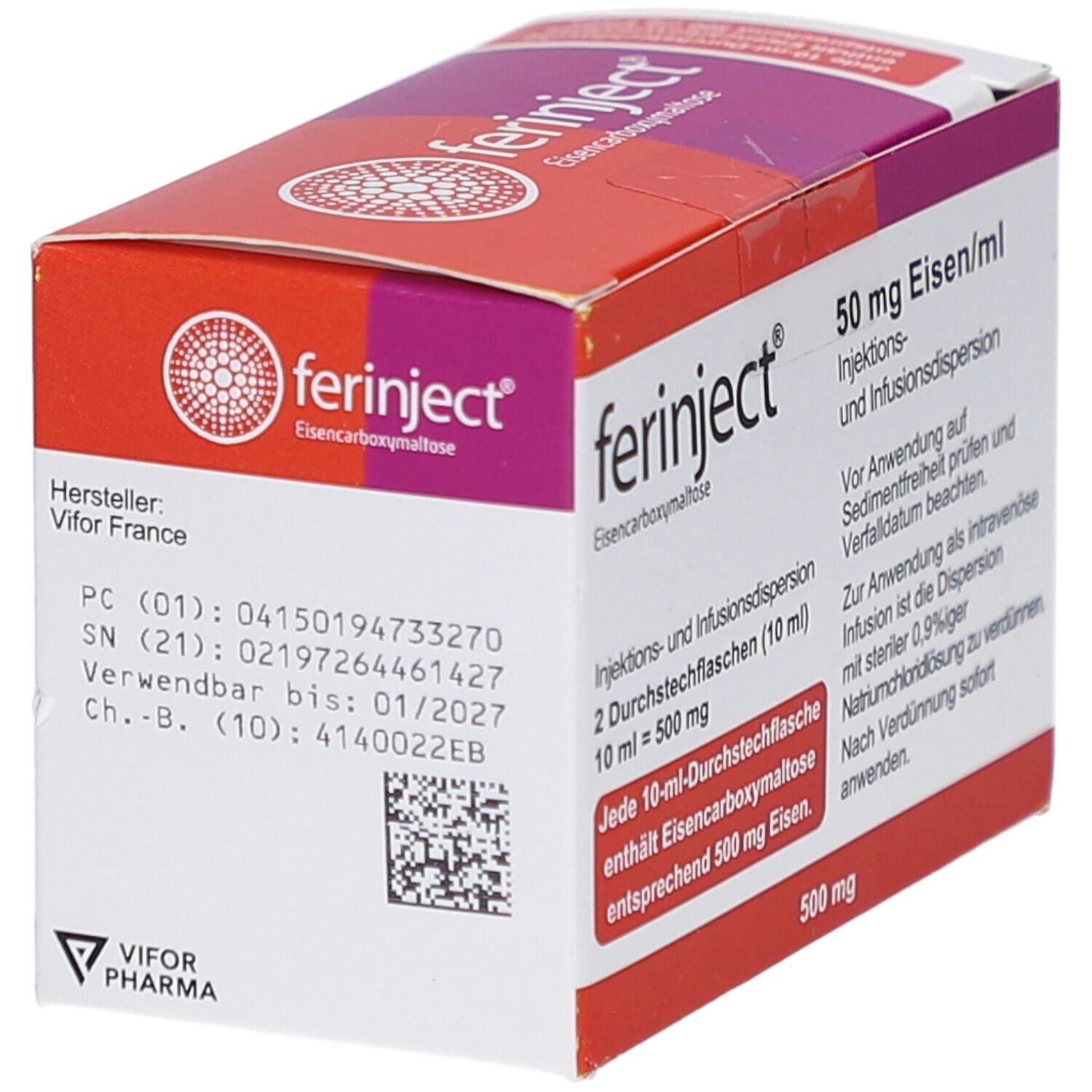 FERINJECT-Verpackung. Rote und weiße Schachtel mit Produktinformationen. Hersteller: Vifor France.