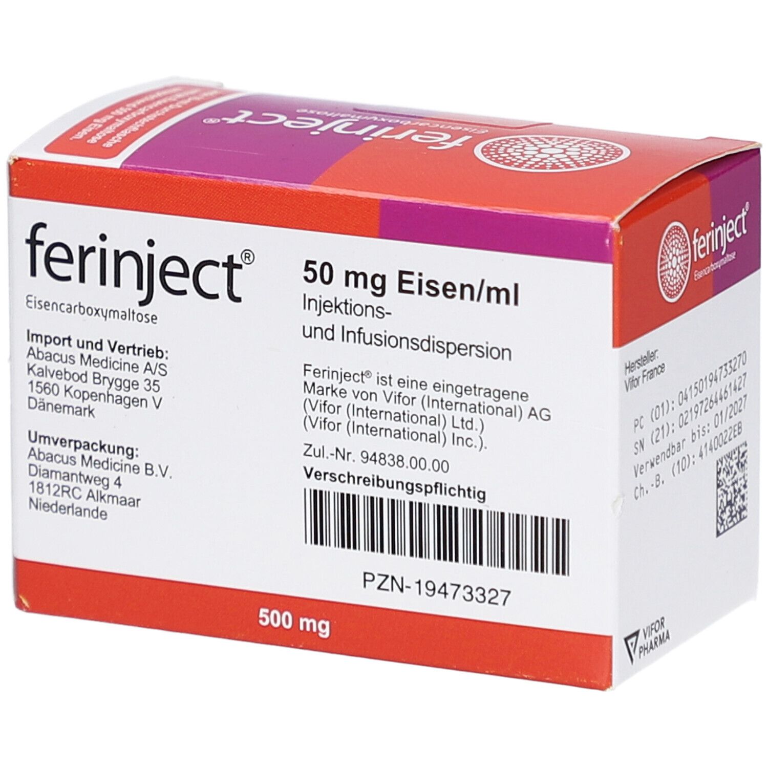 FERINJECT-Packung, 50 mg Eisen/ml. Rote und weiße Schachtel mit Produktinformationen und Herstelleradresse.