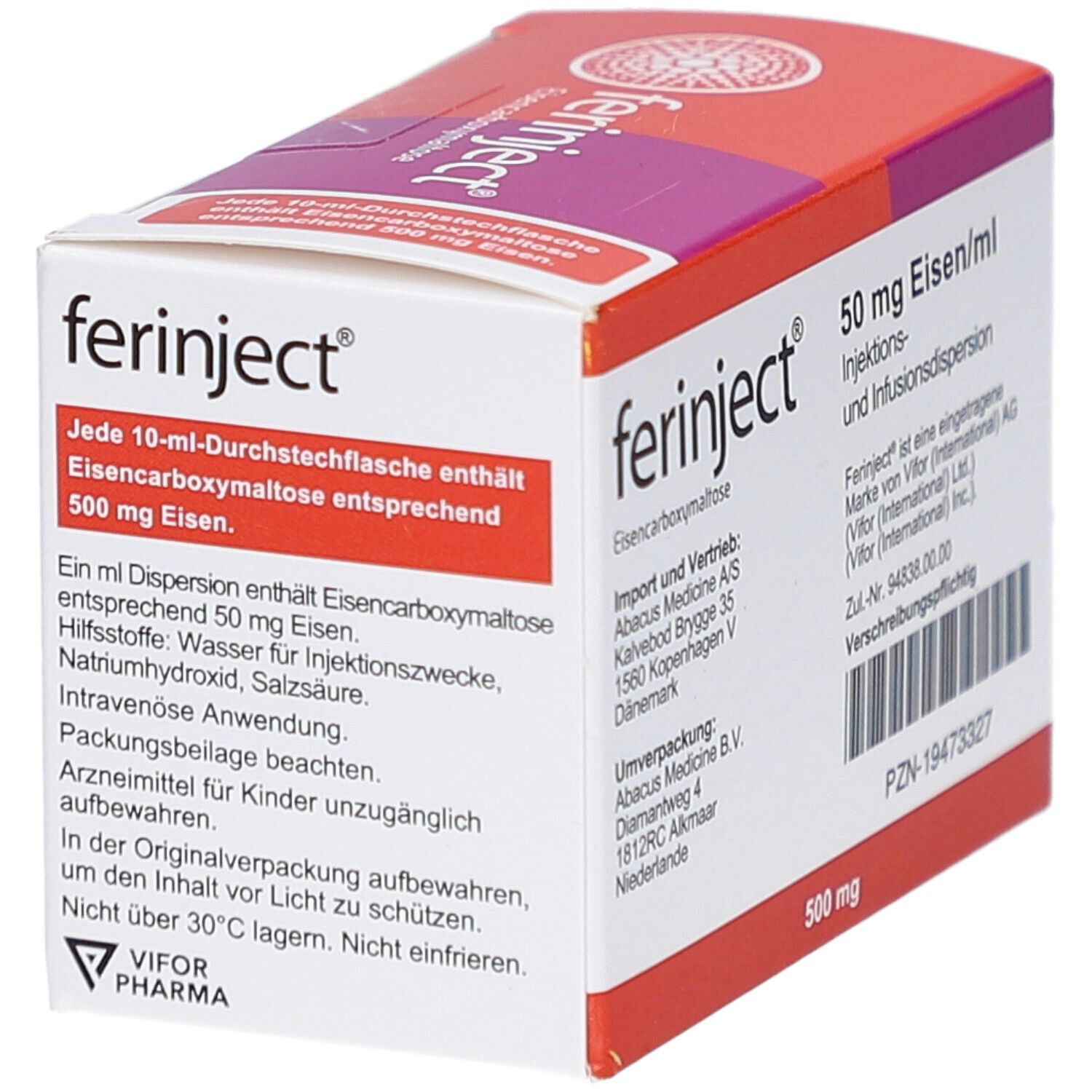 FERINJECT-Packung, 50 mg Eisen/ml. Rote und weiße Schachtel mit Produktinformationen. Detailansicht der Inhaltsstoffe.