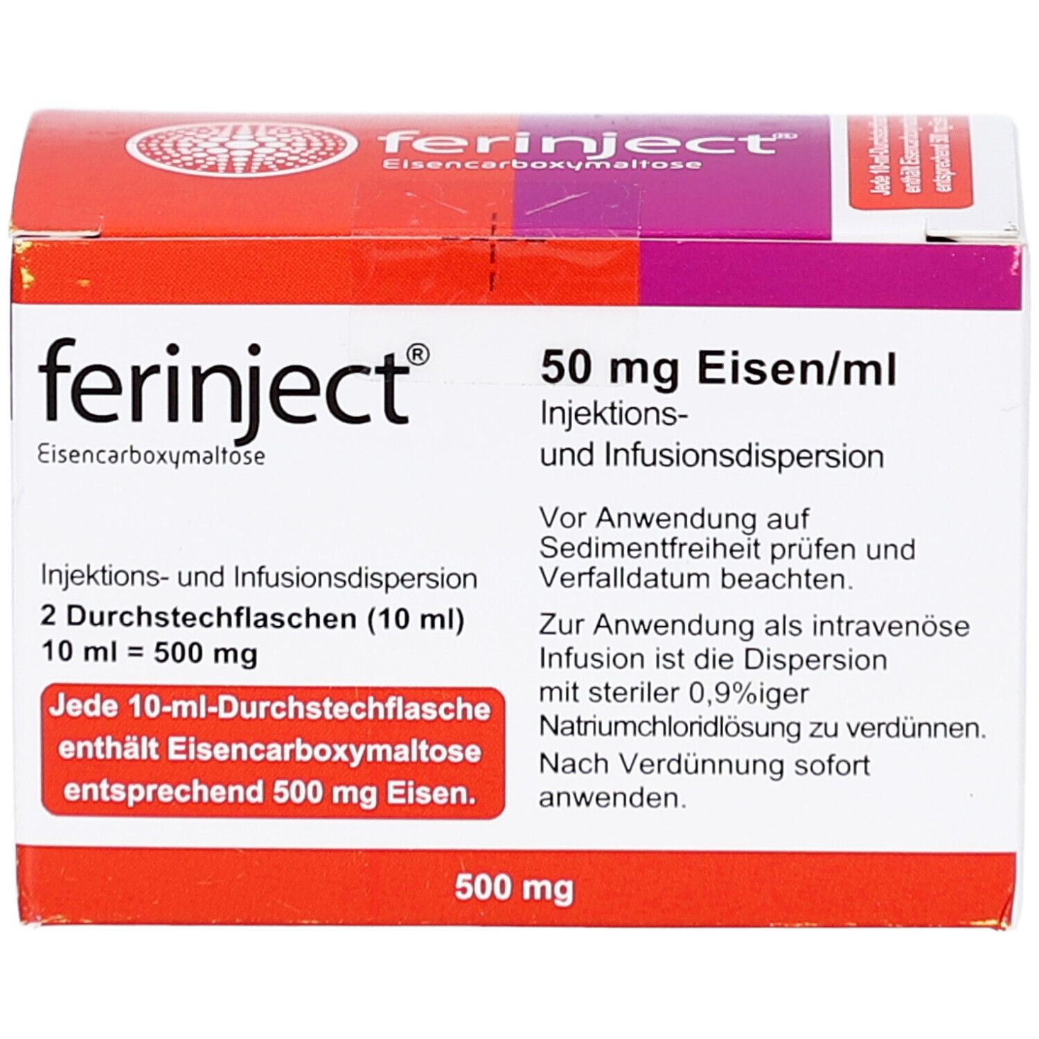 FERINJECT-Packung, 50 mg Eisen/ml. Rote und weiße Schachtel mit Produktinformationen. Enthält 2 Durchstechflaschen.
