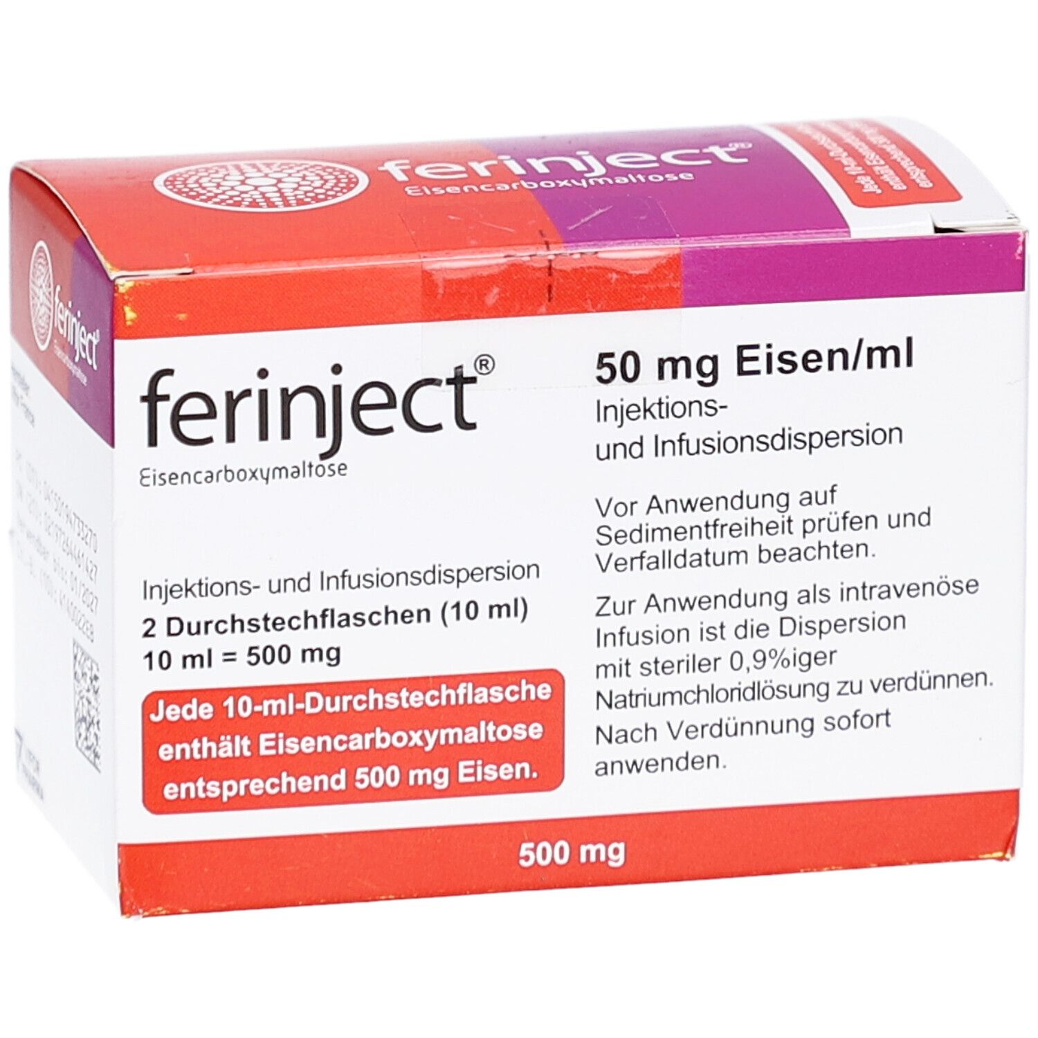 FERINJECT-Packung, 50 mg Eisen/ml. Rote und weiße Schachtel mit Produktinformationen. Enthält 2 Durchstechflaschen.