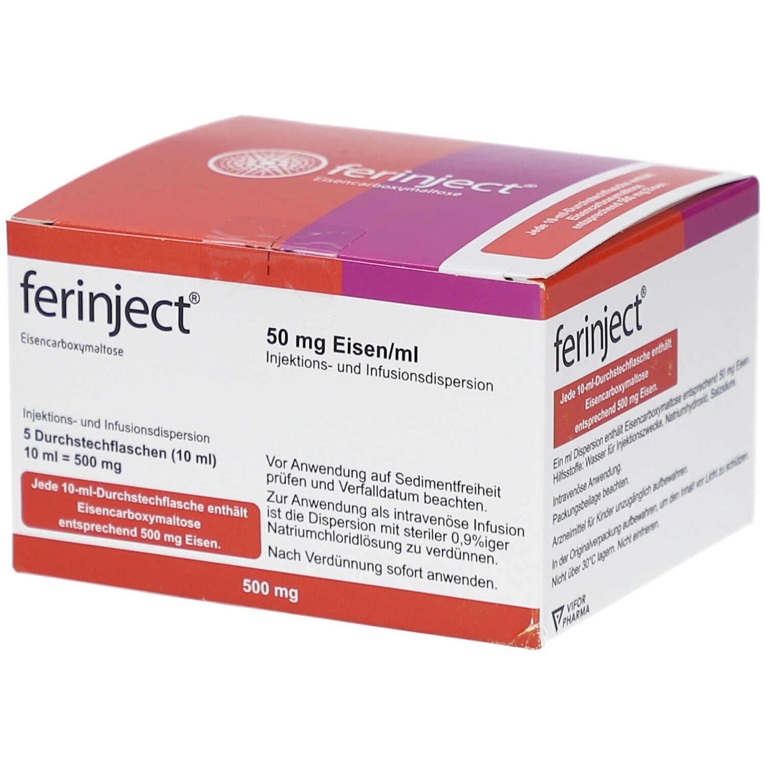 Verpackung von FERINJECT. Rote und weiße Schachtel mit Produktinformationen und Logo. Enthält 5 Durchstechflaschen.