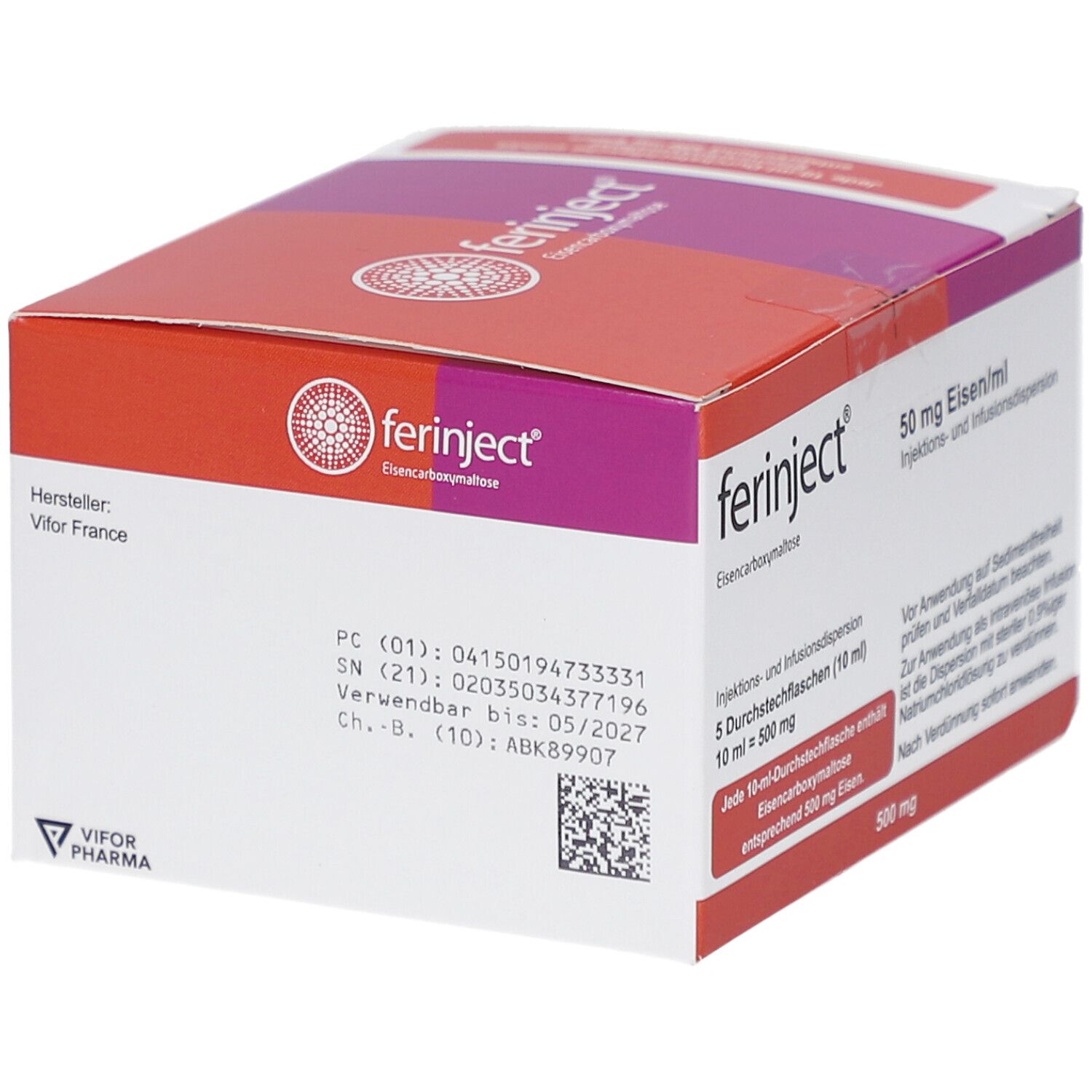 Rückseite der FERINJECT-Verpackung. Rote und weiße Schachtel mit Produktinformationen, Herstellerangaben und QR-Code.