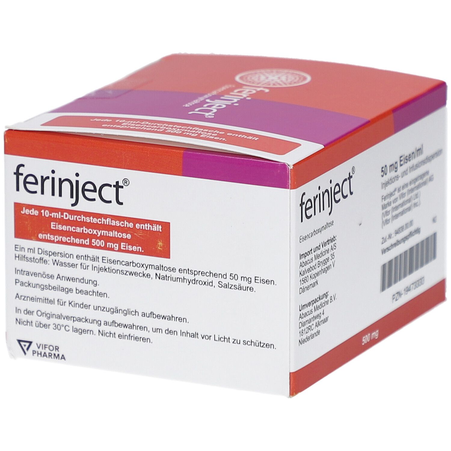 Seite der FERINJECT-Verpackung. Rote und weiße Schachtel mit Produktinformationen und Logo. Enthält 5 Durchstechflaschen.