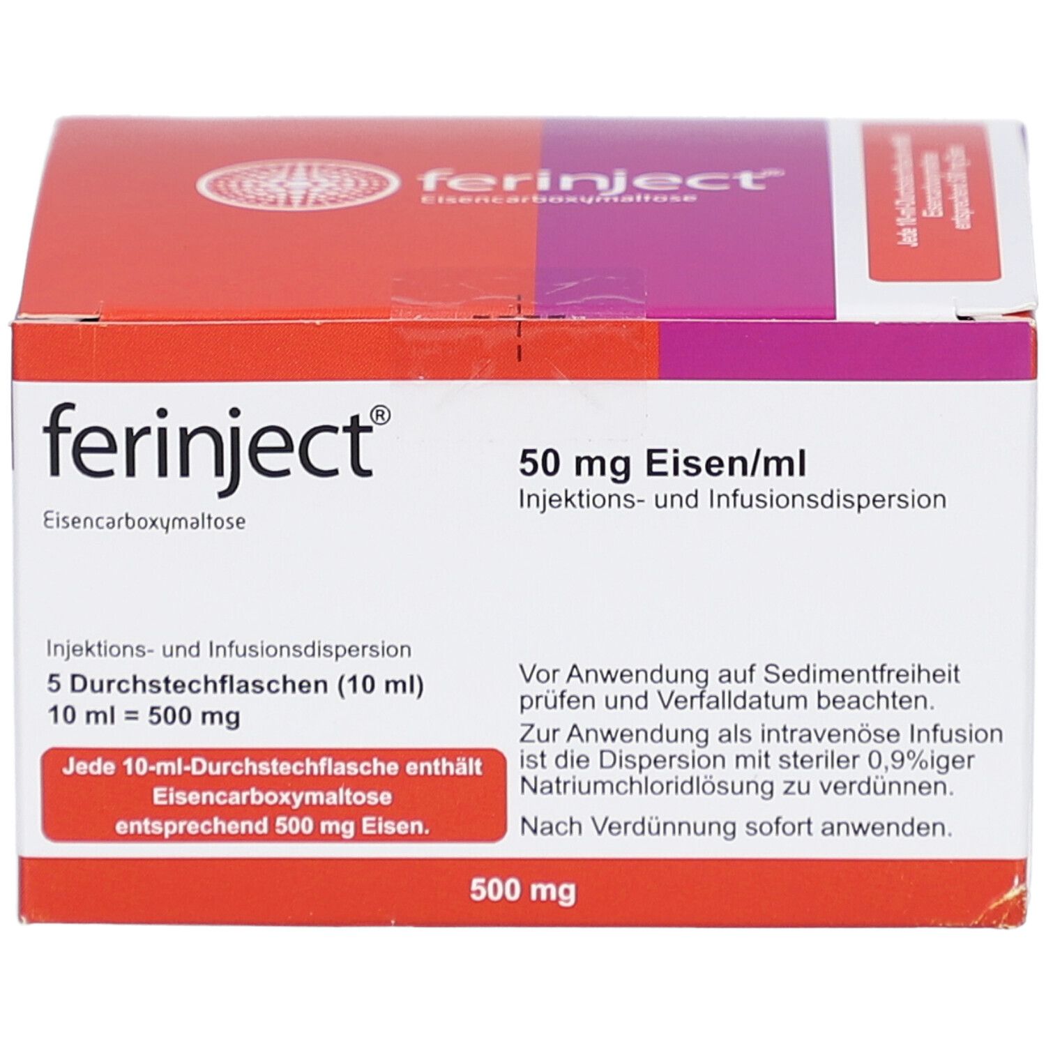 Verpackung von FERINJECT. Rote und weiße Schachtel mit Produktinformationen und Logo. Enthält 5 Durchstechflaschen.