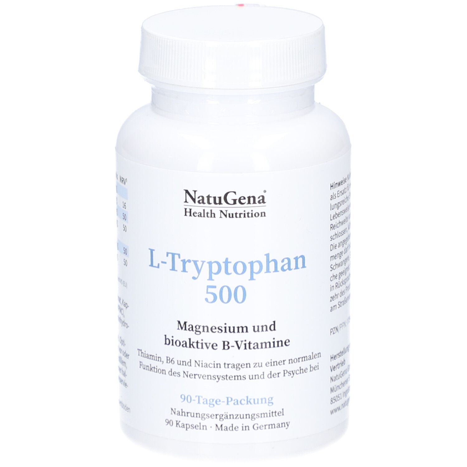 Weiße Flasche mit Kapseln. Aufschrift: L-Tryptophan 500, Magnesium und B-Vitamine. Marke: NatuGena.