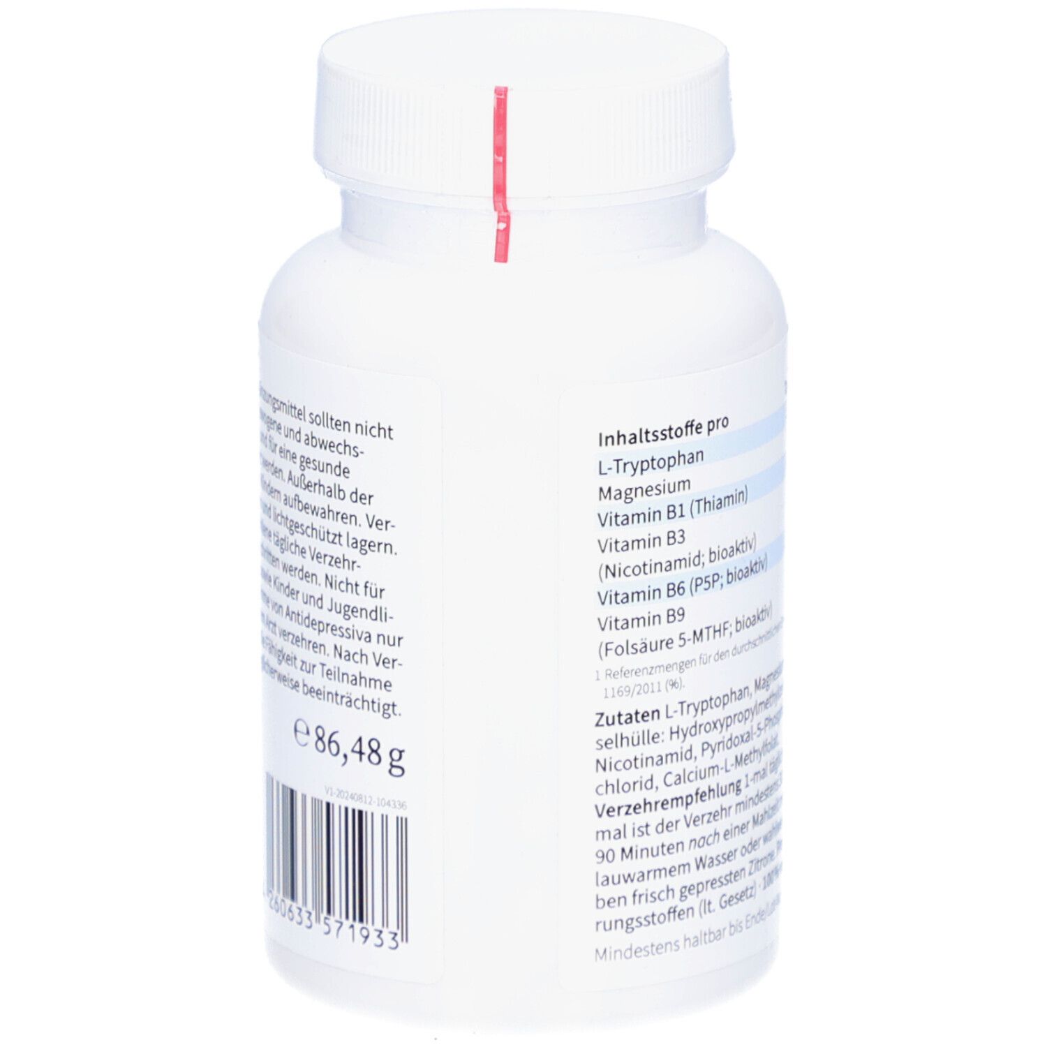 Rückseite der Flasche mit Inhaltsstoffen und Verzehrempfehlung. Enthält L-Tryptophan, Magnesium, Vitamin B1, B3, B6 und B9.