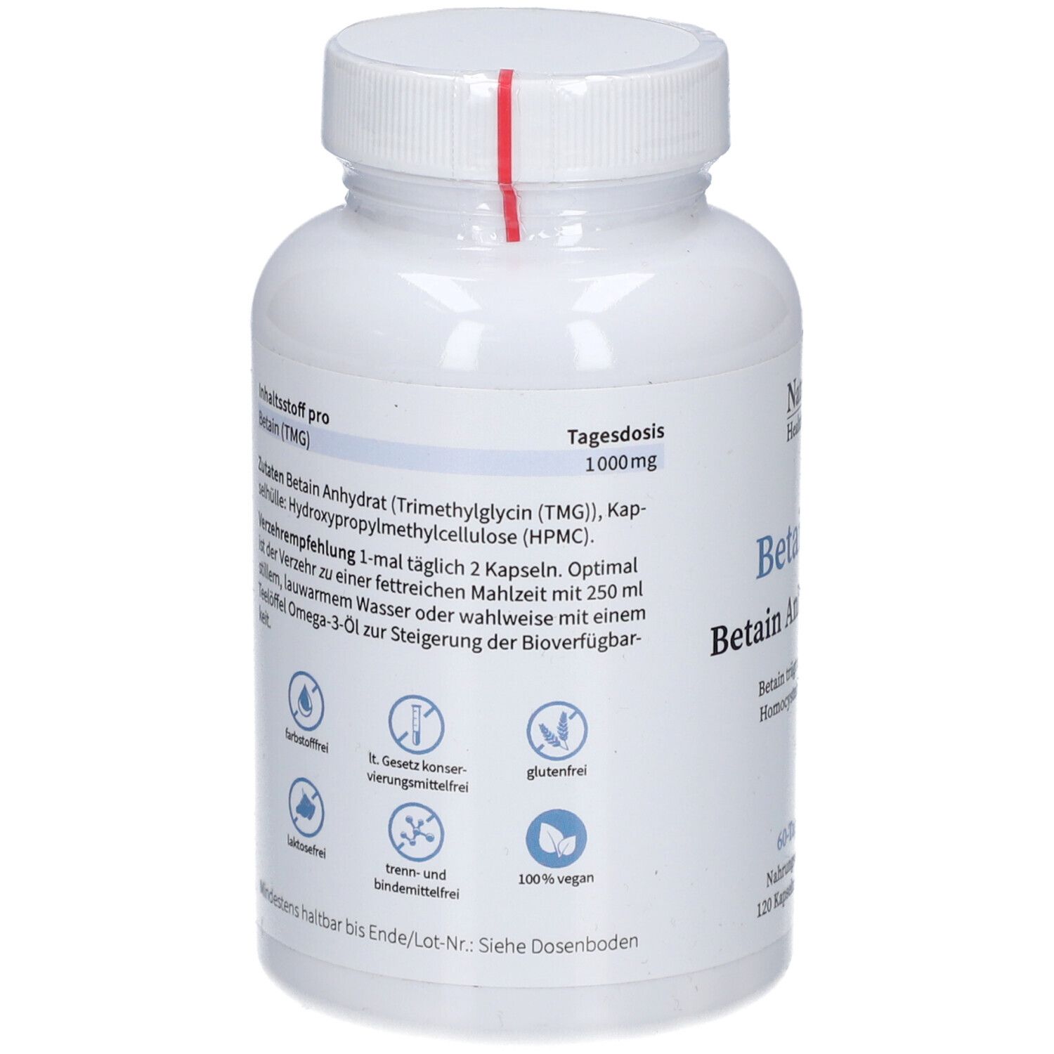 Rückseite der Flasche. Beschriftung: Tagesdosis 1000mg Betain. Vegan-Siegel. Glutenfrei. 100% vegan. Inhaltsstoffe.