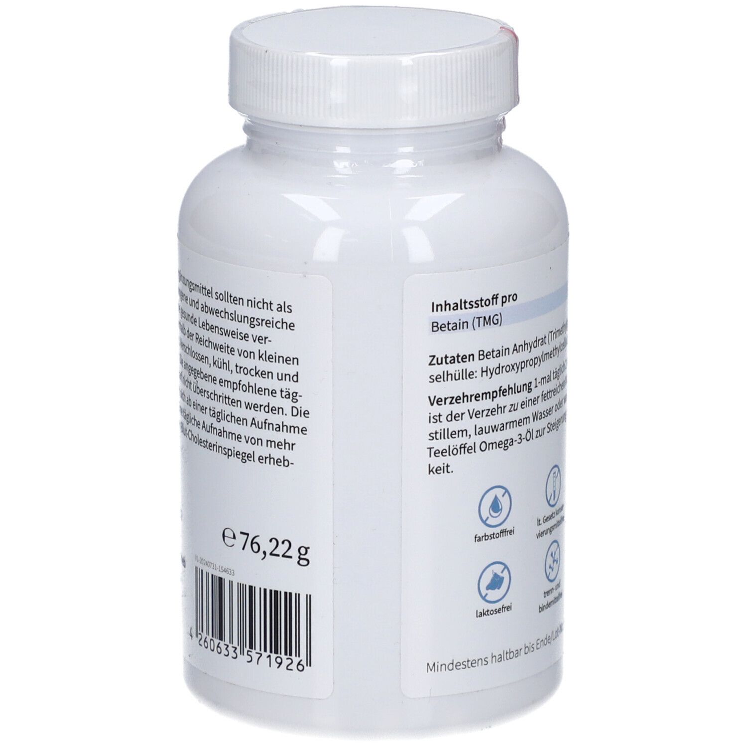 Rückseite der Flasche. Beschriftung: Inhaltsstoffe, Verzehrempfehlung. Gewicht: 76,22g. Barcode. Mindestens haltbar bis...
